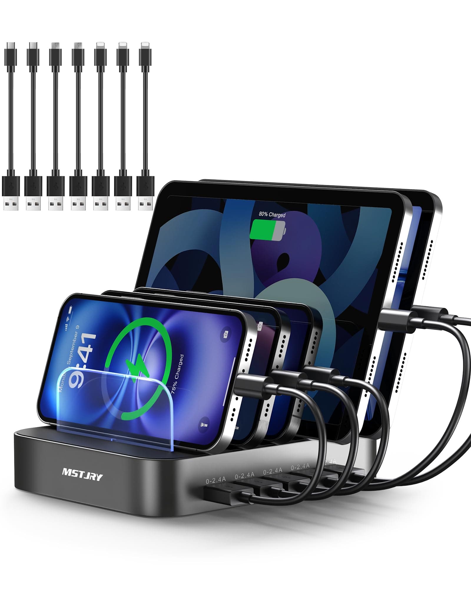 Charging Station for Multiple Devices, MSTJRY USB Charging Station Dock Switch Cell Phone 5 Port Charger Station, Compatible with Apple iPhone iPad Cell Phone Tablets(Grey, 6 Mixed Cables Included)
