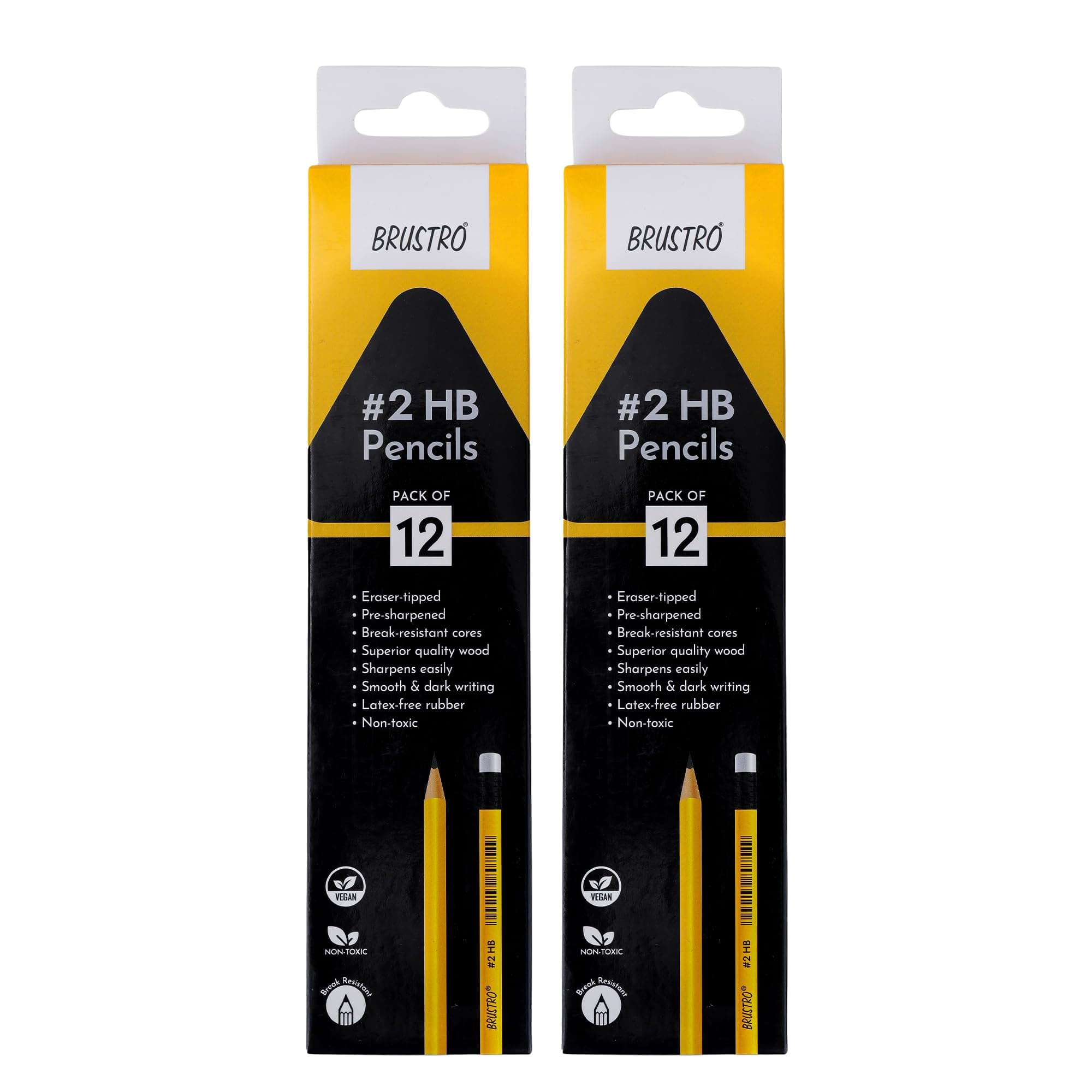 BRUSTRO 2 HB Extra Dark Pencil with Eraser Tip| 12 Pencils X 2 Pack (Total 24 Pencils) | Strong Grip,Pre-Sharpened,Smooth Handwriting | Ideal for Drawing, Sketching, Mandala, School and Office use
