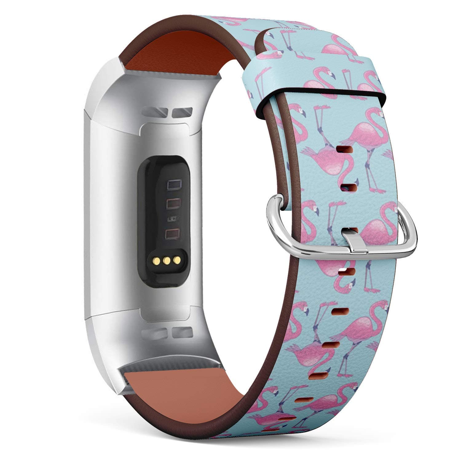 Compatible with Fitbit Charge 4 / Charge 3 / Charge 3 SE - Leather Watch Wrist Band Strap Bracelet with Stainless Steel Adapters (Pink Flamingo On Light Blue)