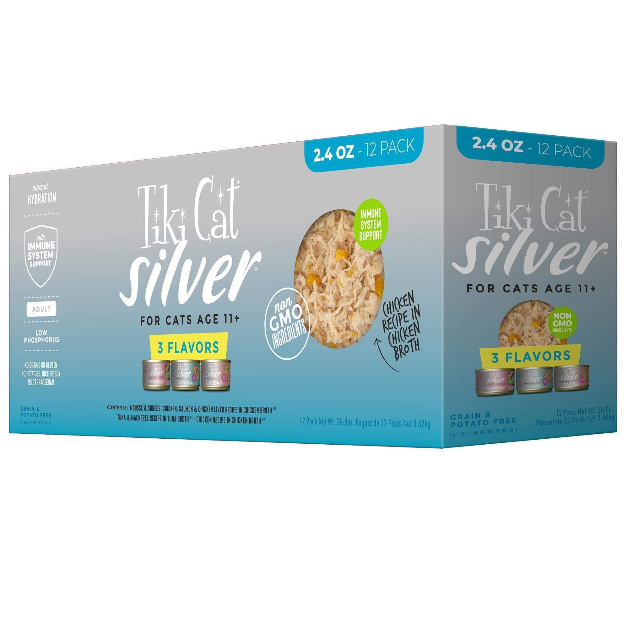 Tiki Cat Silver Variety Pack, Immune System Support Formulated for Older Cats Aged 11+, Senior Wet Cat Food, 2.4 oz. Can (12 Count)