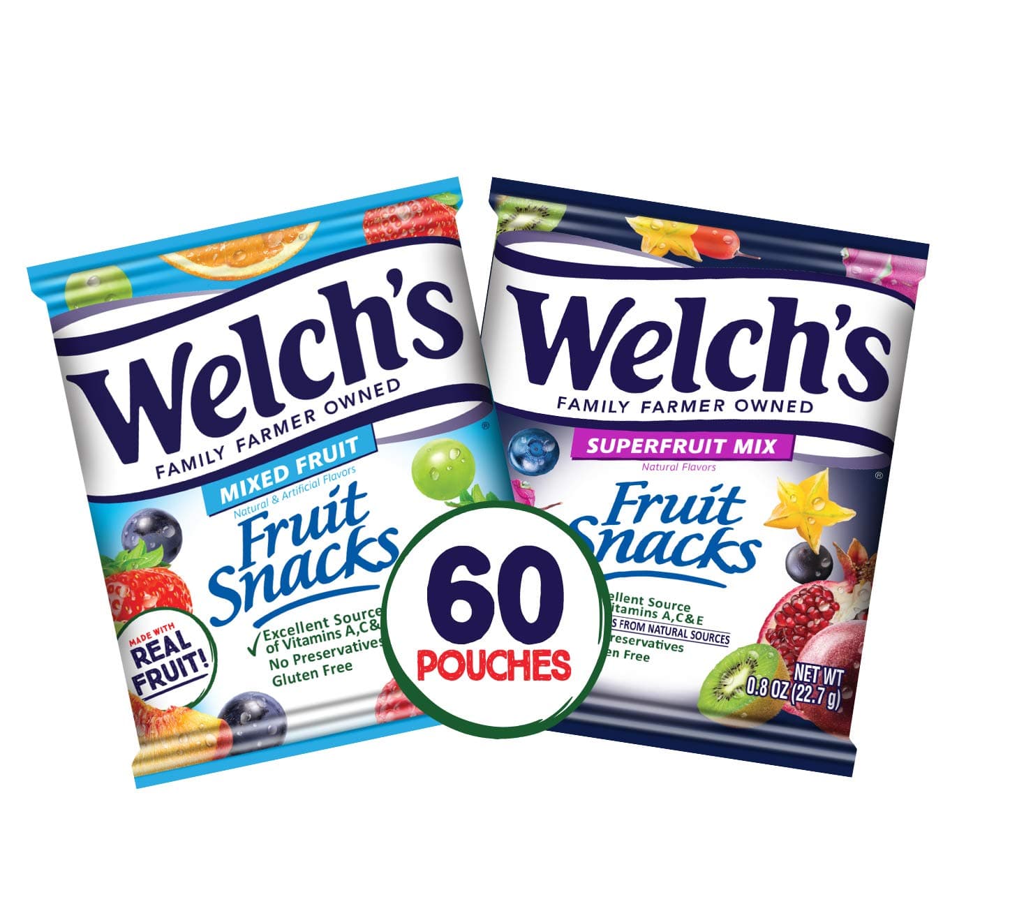Fruit Snacks, Mixed Fruit & Superfruit Bulk Variety Pack, Gluten Free, 0.8 oz Single Serve Bags (Pack of 60)