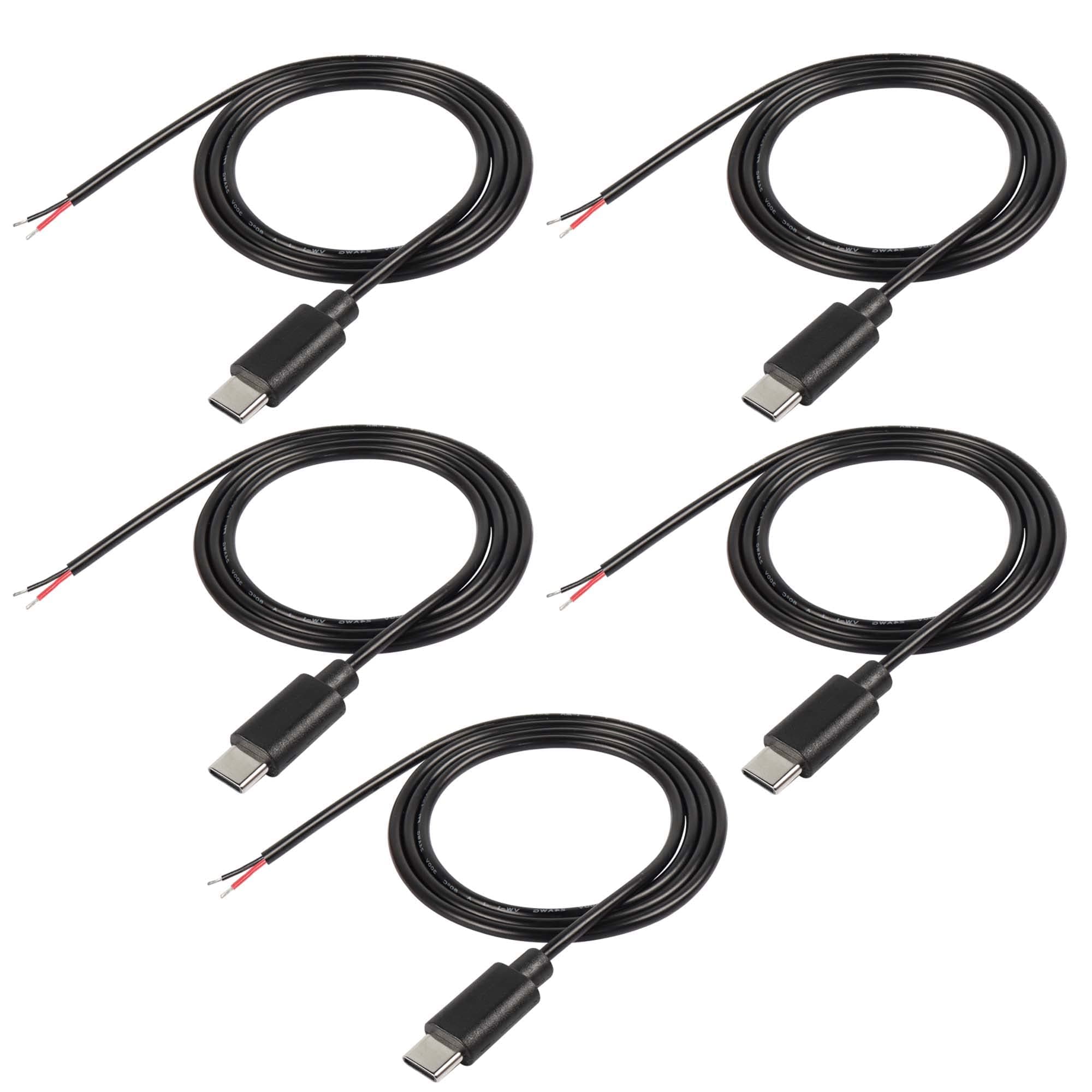USB Type-C Pigtail Cable Extension Power Cable 22AWG 5V 3A USB-C Plug to 2 Pin Bare Wire Open End Connector for DIY - 1M/3.2FT 5PCS (Type C Male)