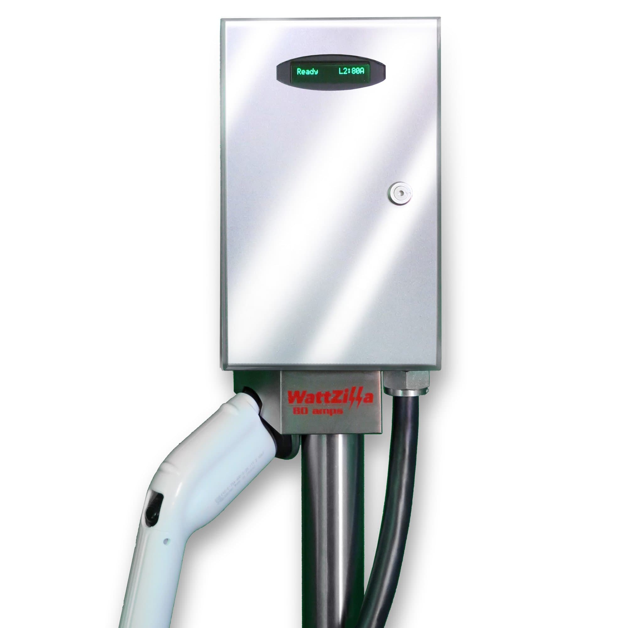 WattZilla-UNO: Level 2, 80 Amp EVSE, 25' J1772 Charging Cable w/Cable Management System, Type 4X Outdoor Enclosure, Stainless Steel Pole Mount Kit, Mirror Finish, 80 Amp, UL Listed, Made in The USA