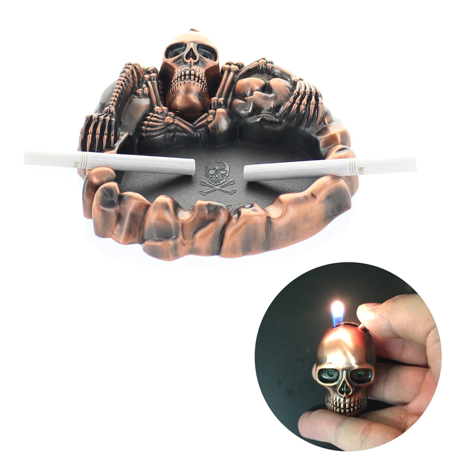 eSmart Novelty Bronze Skeleton Cigratte Ashtray Lighter Set