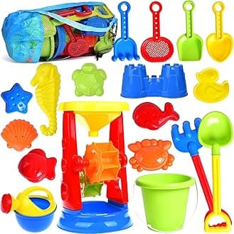Beach Toys, 19 Piece Sand Toys Set Kids Sandbox Toys Includes Water Wheel Beach Tool Kit Bucket Watering Can Molds with Mesh Bag for Kids Ages 3-13