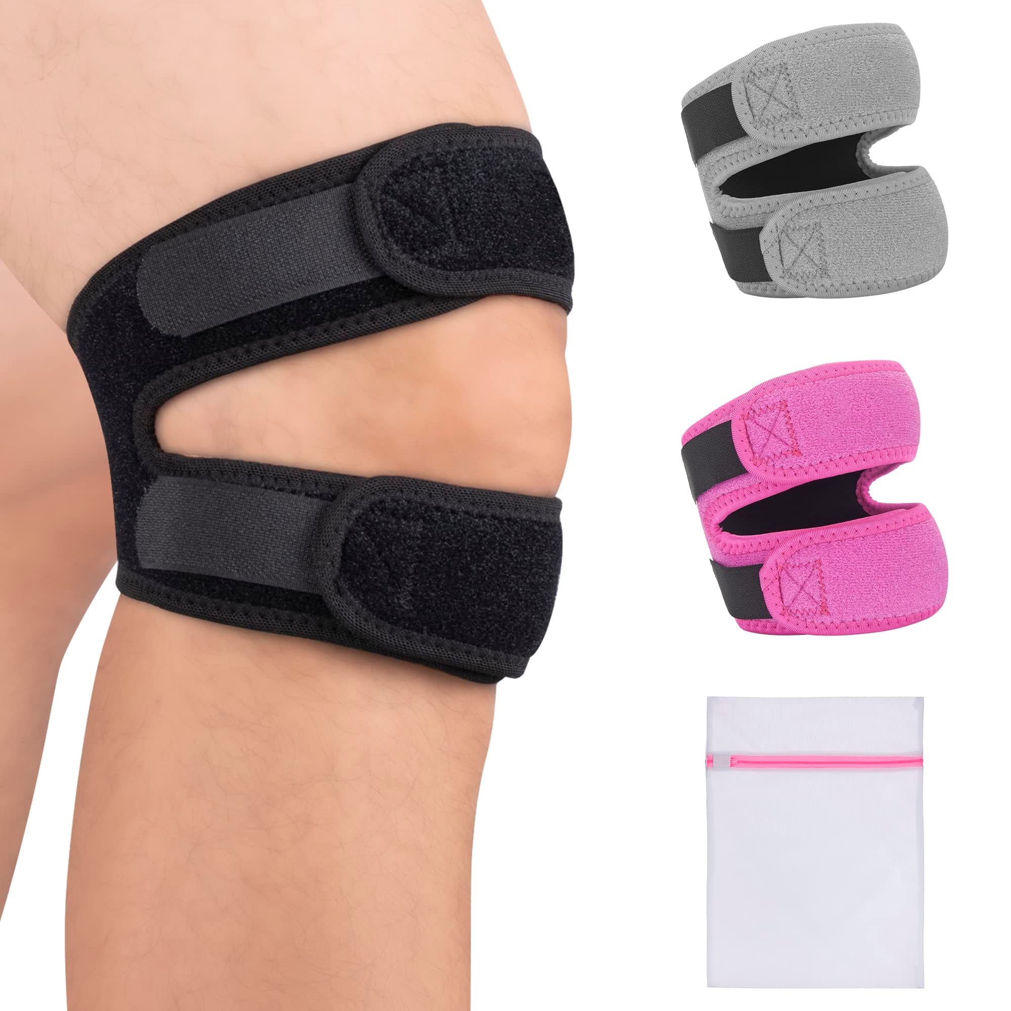 360 RELIEF - Patella Knee Support Double Strap Brace | Compression for Stability and Performance | Black for Men and Women with Mesh Laundry Bag