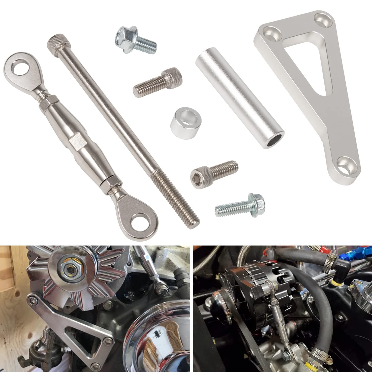 551411 SBC Billet Alternator Bracket Adjustable LWP For Small Block Chevy Kit 305 327 350 383 5.0L 5.7L V8 Eight Cylinder Long Water Pump Carburetor V Belt Compatible With Chevrolet