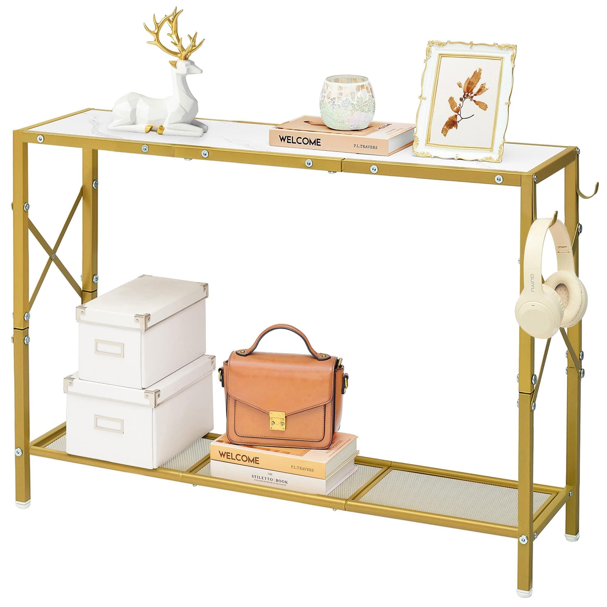 Gold Console Table, 2 Tier Narrow Entryway Table with Shelves and Hooks, Couch Table Behind Sofa, Entrance Table with Golden Frame for Entryway, Hallway, Foyer