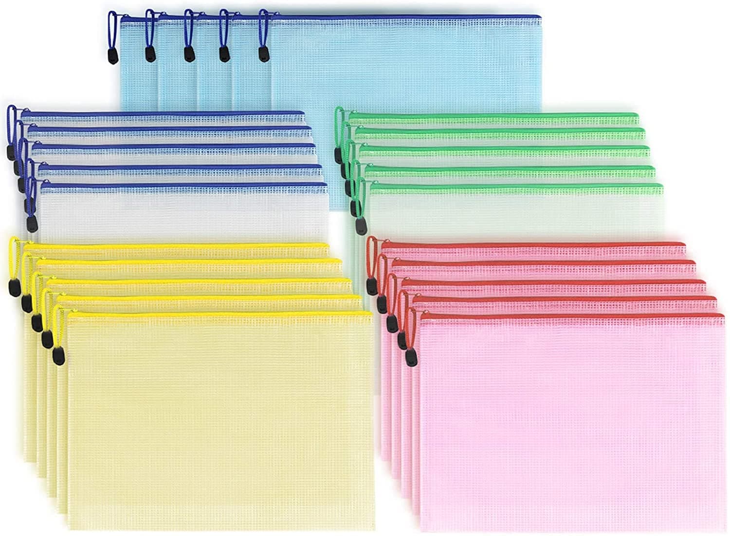 Nessa 20 Pack Mesh Zipper Pouch File Bag Waterproof Plastic Document Bags A4 Letter Size Zipped File Folder 5 Colors Document Organizer Zip Bag for Files Puzzles Card Games Large Capacity