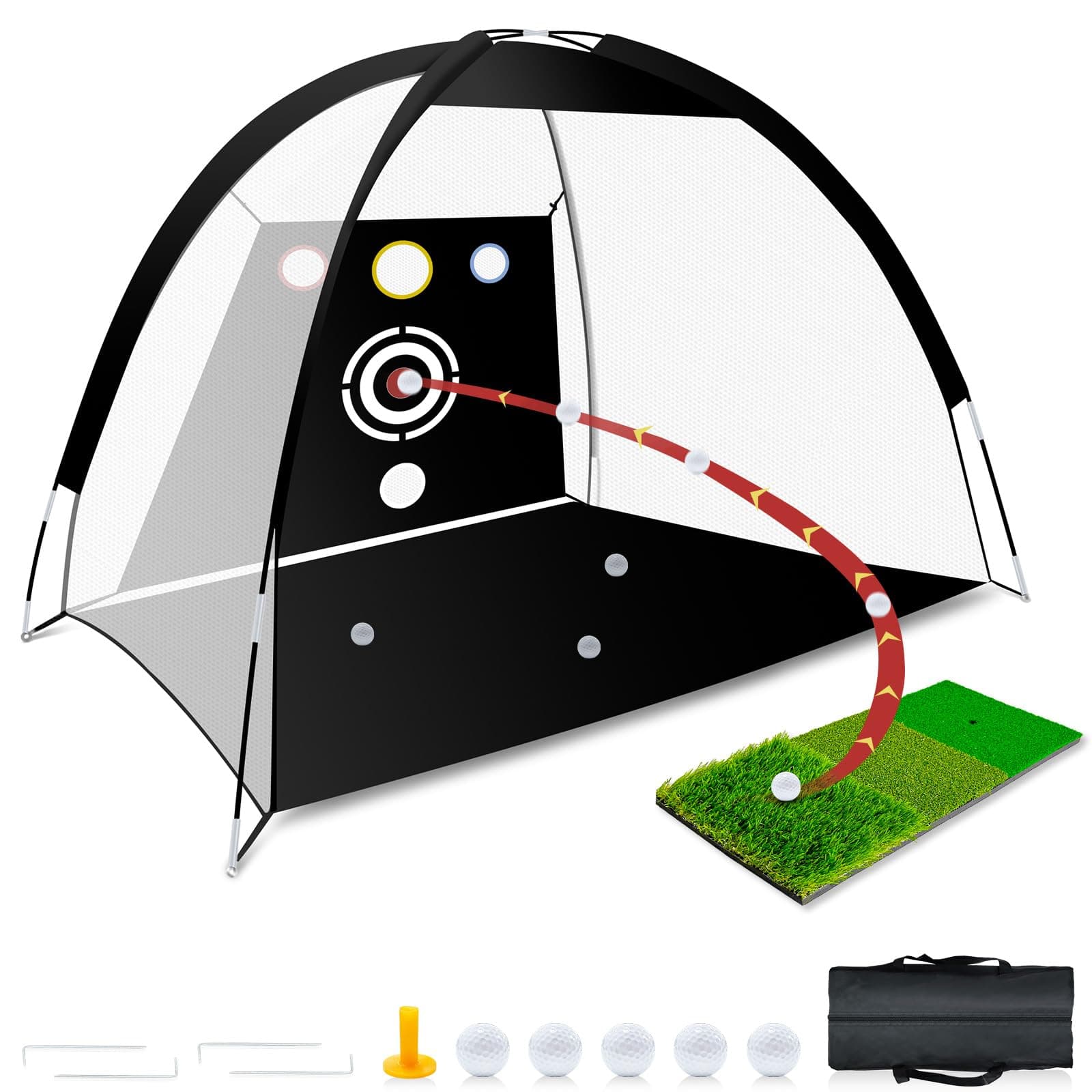 Golf Net - Upgraded All-in-One 10x7ft Golf Practice Net with 5 Real Balls, Tri-Turf Mat and Portable Bag, Durable Hitting Nets for Backyard Driving Swing Outdoor Indoors - Gifts for Golfing Lovers