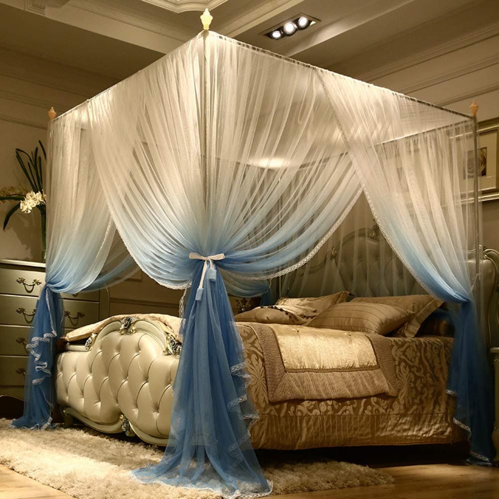 Lace Bed Canopy For Double Bed,4 Corner Mosquito Net,elegant Princess Curtain Netting Bed Drapes For Girl,adult,easy Installation-b Blue 120x200cm(47x79inch)