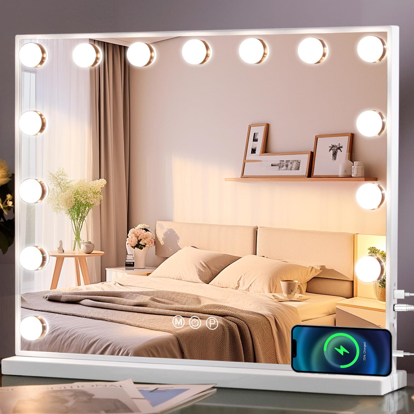 MISAVANITY Vanity Mirror with Lights Tempered Galss Hollywood Vanity Makeup Mirror with 15 LED Bulbs 22.8"x 18.1" USB Charge Port and Dimmable 3 Color Lighting for Tabletop Wall-Mounted, White
