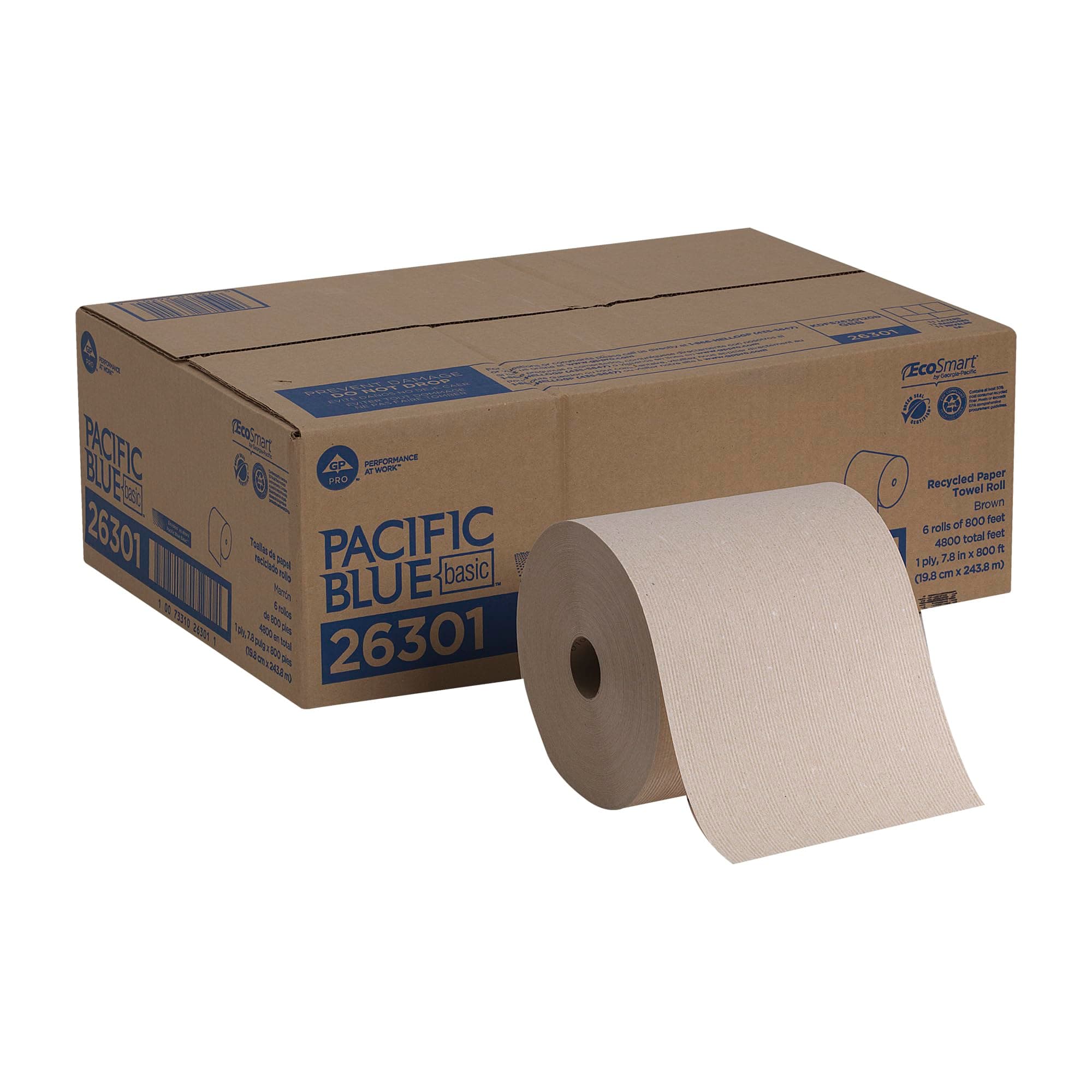 Pacific Blue Basic Recycled Hardwound Paper Towel Rolls by GP PRO (Georgia-Pacific); Brown; 26301; 800 Feet Per Roll; 6 Rolls Per Case