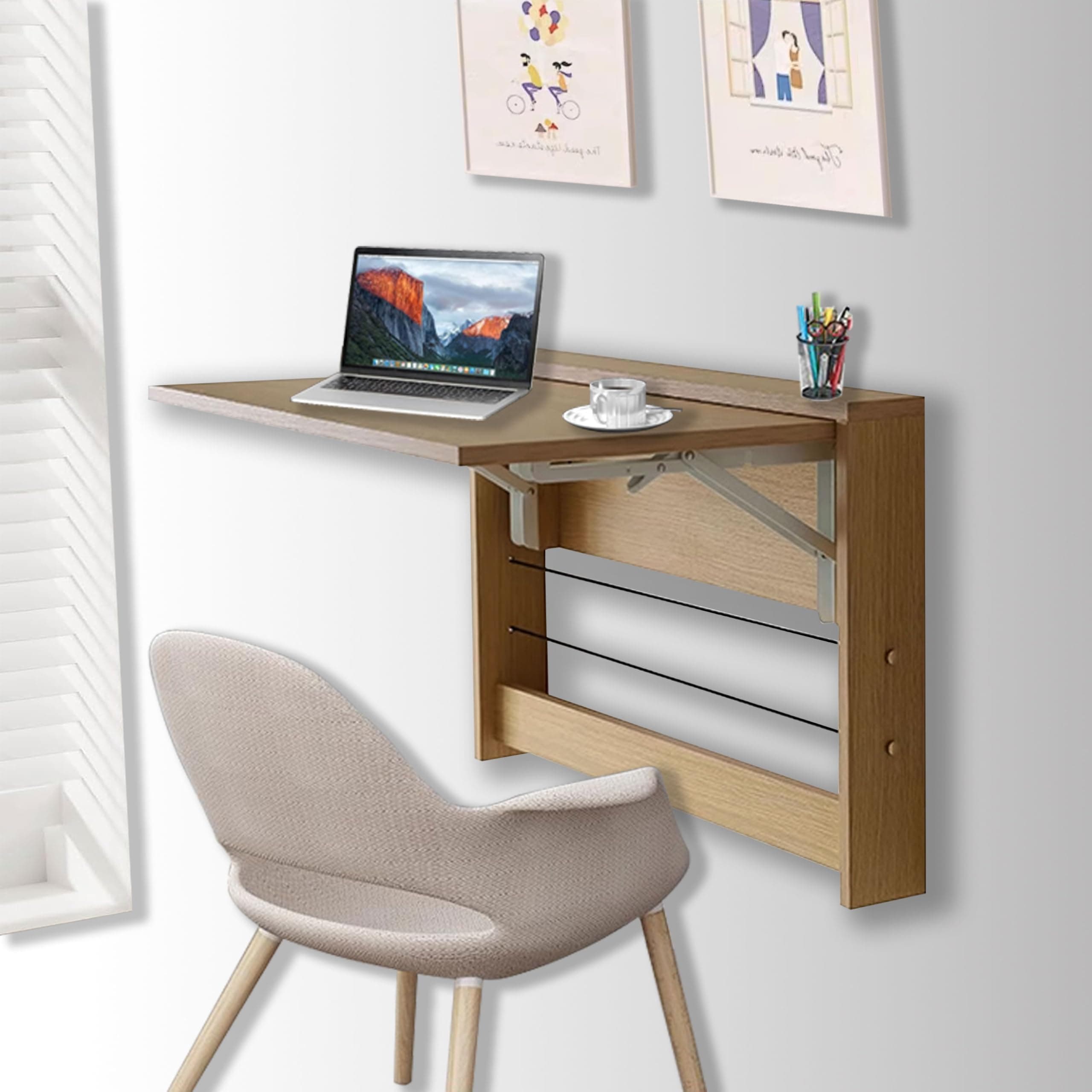 Wall Mounted Folding Table, Floating Wall Desk Fold Down for Small Spaces, Wall Mount Desk for Home Office Computer Workstation,Study Work Bench, Kitchen Dining (24.8 * 16.3inch, Wood Color)
