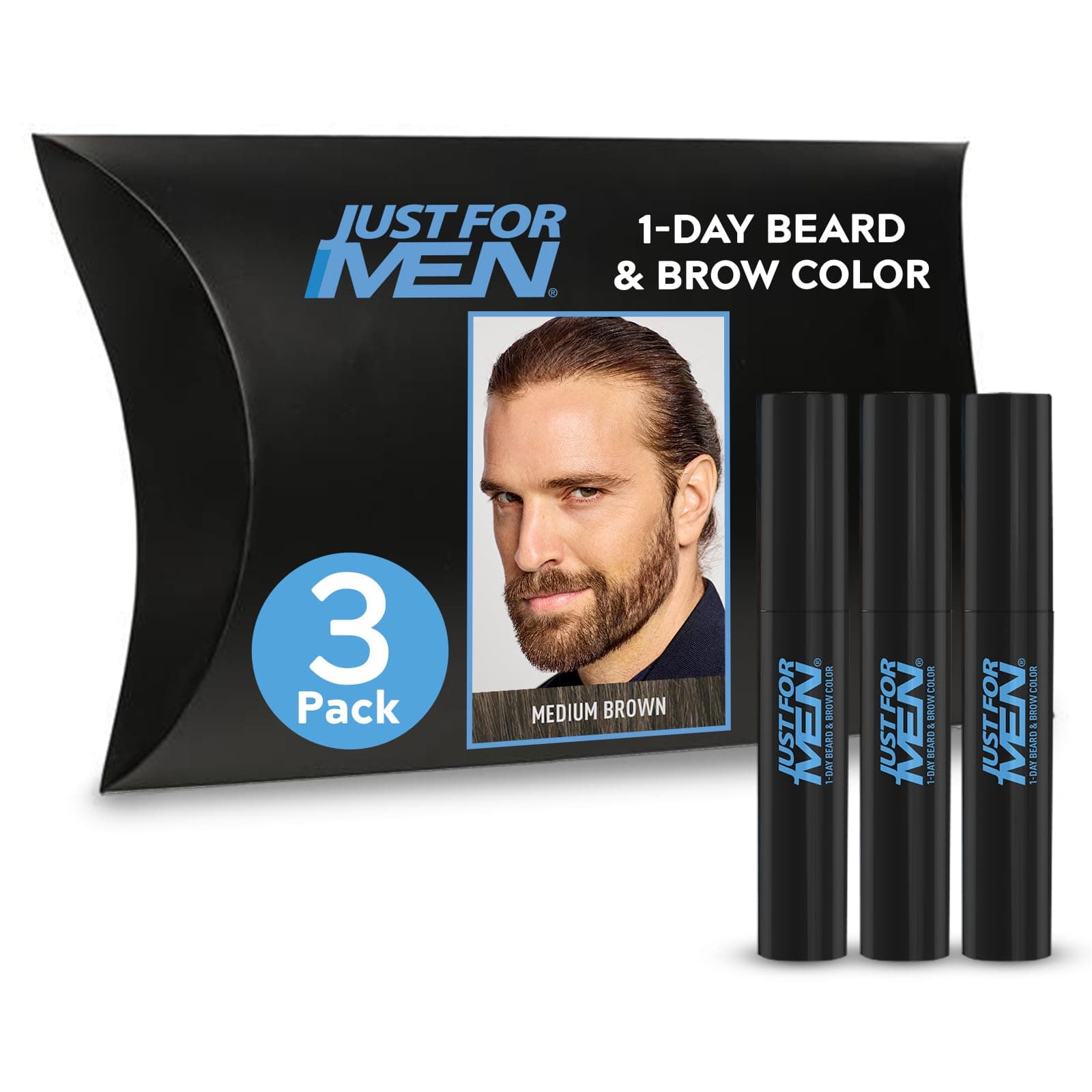 Just for Men 1-Day Beard & Brow Color, Temporary Color for Beard and Eyebrows, For a Fuller, Well-Defined Look, Up to 30 Applications, Medium Brown, Ships in Eco-Friendly Packaging (Pack of 3)
