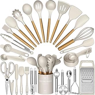 Khaki Silicone Kitchen Utensils Set, 34PCS Heat Resistant Cooking Gadgets Tools Set with Grater, Wooden Handle Kitchen Utensil Spatula Set for Nonstick Cookware