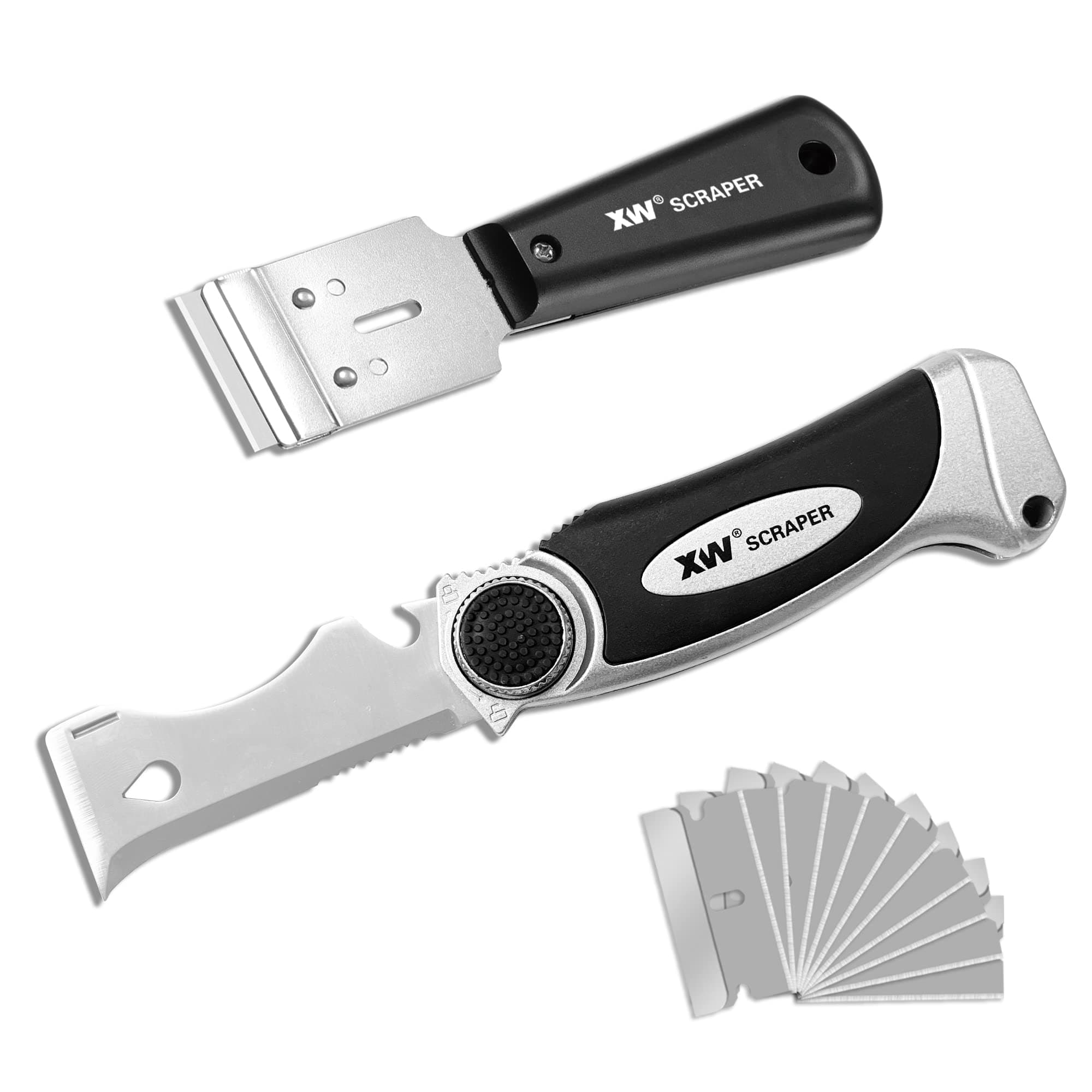 XW Folding Paint Scraper, Multi-functional 10-in-1 Metal Scraper Tool, Heavy Duty Putty Knife, Extra 10 PCS Razor Blades Included, 2-Pack