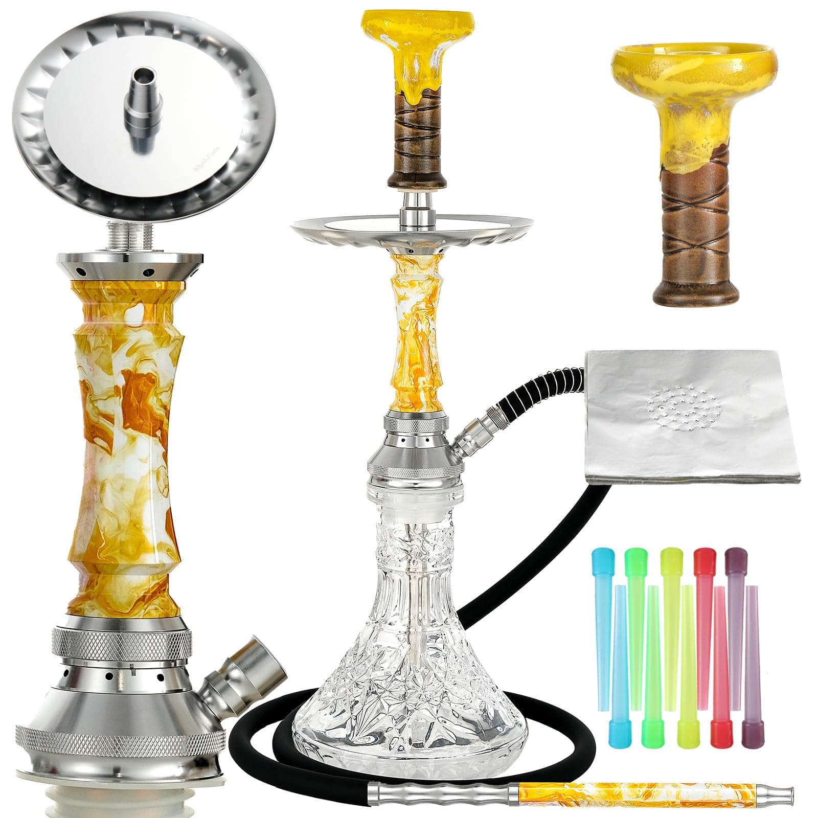 Multifunction Hookah Set with Complete Hookah Accessories Set—Upgraded Silicone Hookah Hose Ceramic Bowl Glass Vase Pre-punched Holes Foils,Upgraded Aluminum alloy Shisha Hookah Set(Gold)