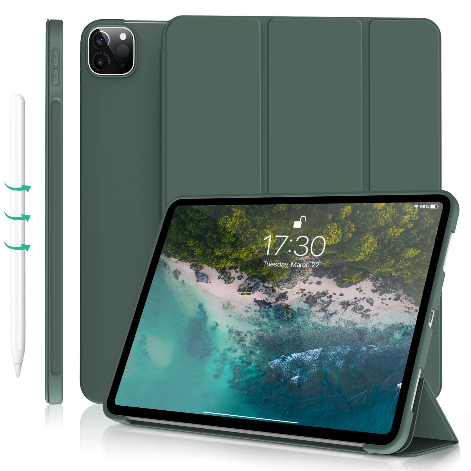 for iPad Pro 11 Inch Case 4th/3rd/2nd/1st Generation 2022/2021/2020/2018 2nd Pencil Magnetic Attachment Without Pencil Holder Soft Slim TPU Cover Auto Wake/Sleep (Dark Green)