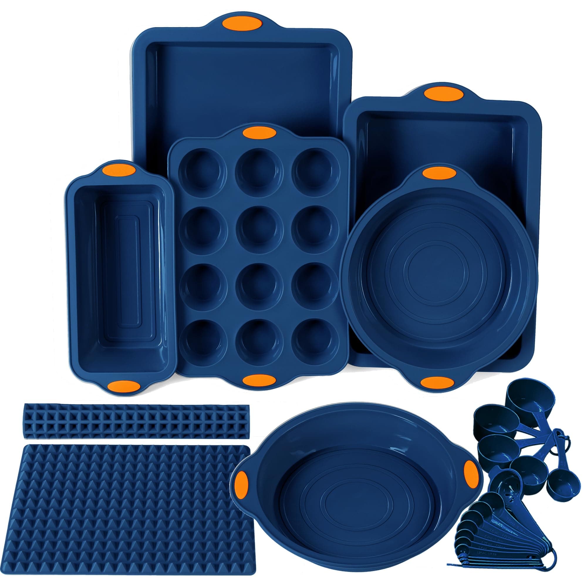 To encounter 8 in 1 Silicone Baking Set - 6 Cake Molds - 2 Silicone Baking Mat, Nonstick Cookie Sheet, Cake Muffin Bread Pan with Grips and Metal Reinforced Frame More Strength, Navy Blue