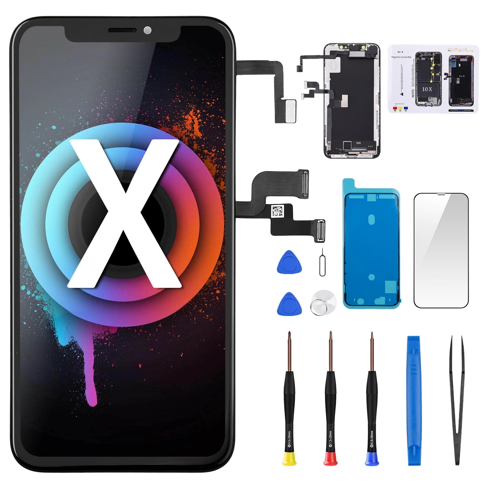 for iPhone X Screen Replacement LCD 3D Touch Display Digitizer Full Assembly with Ear Speaker Proximity Sensor 5.8" for iPhone 10 Fix Tools Repair Kit Magnetic Screws Pad A1865 A1901 A1902