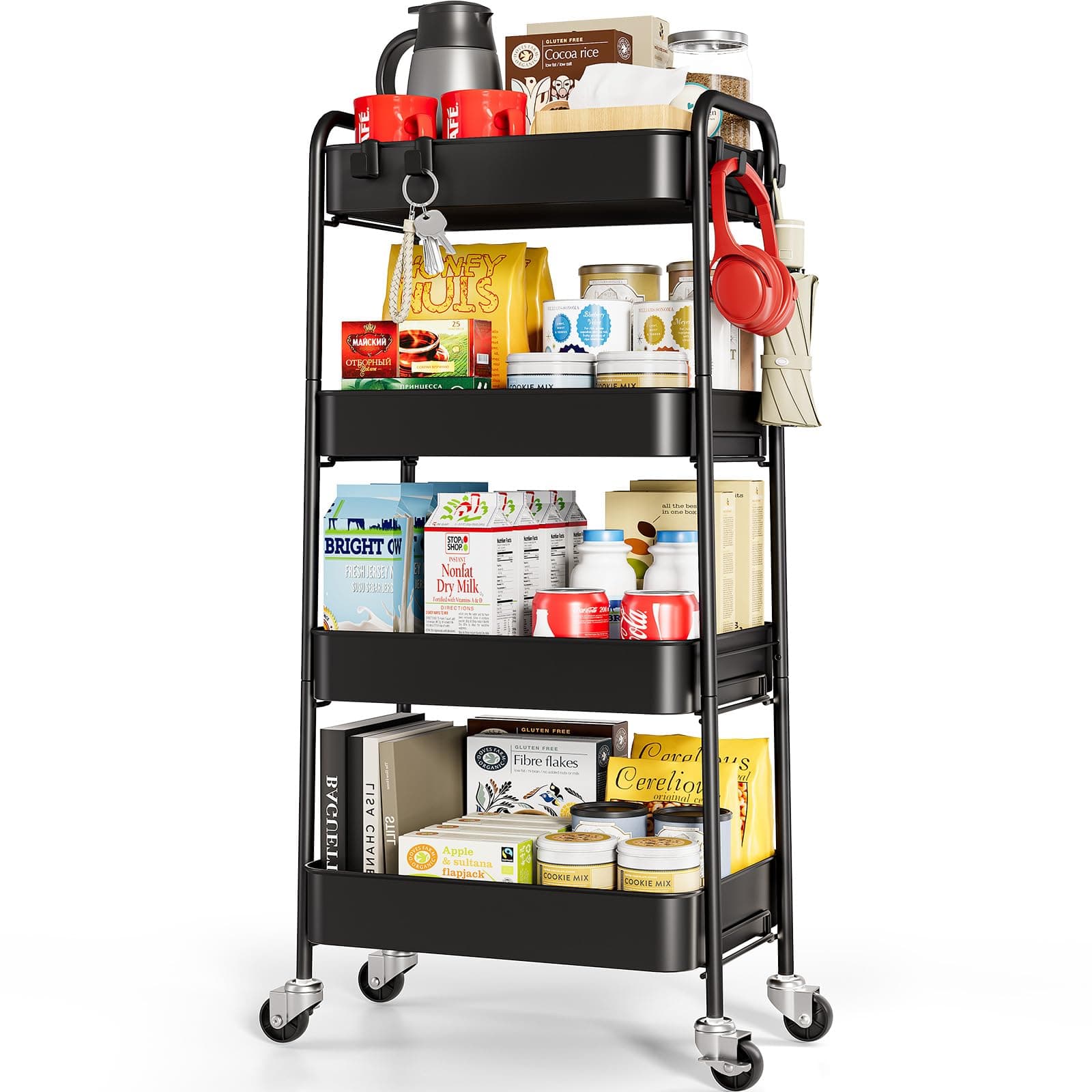 TOOLF 4-Tier Rolling Cart - Metal Storage Organizer with Lockable Wheels, 44 lbs Per Shelf Capacity, Tool-Free Assembly, for Kitchen Bathroom Office Laundry Room Nursery, Black
