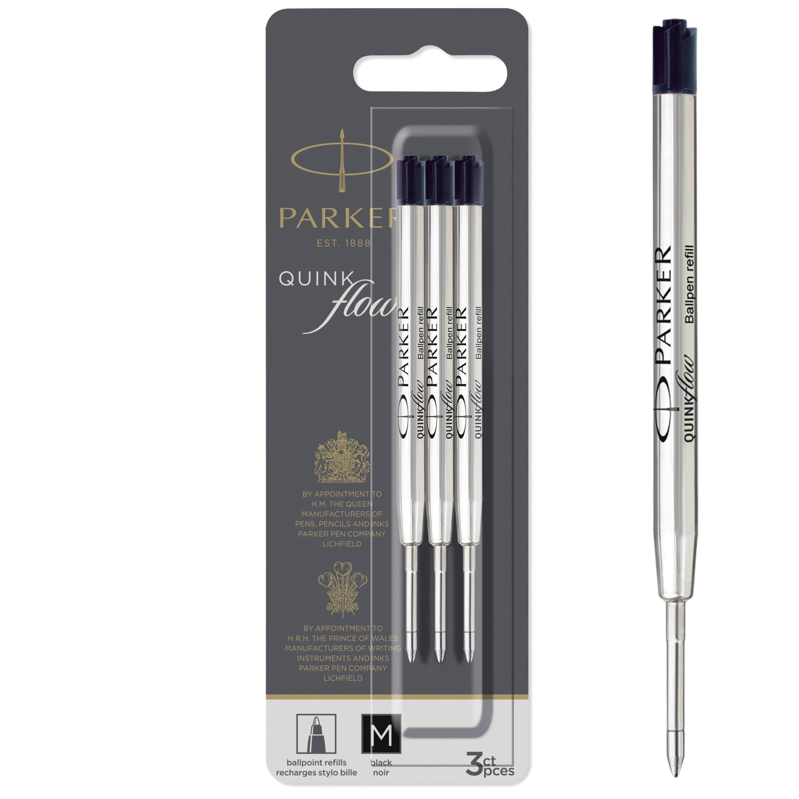 QUINKflow Ballpoint Pen Ink Refills, Medium Tip, Black, 3 Count