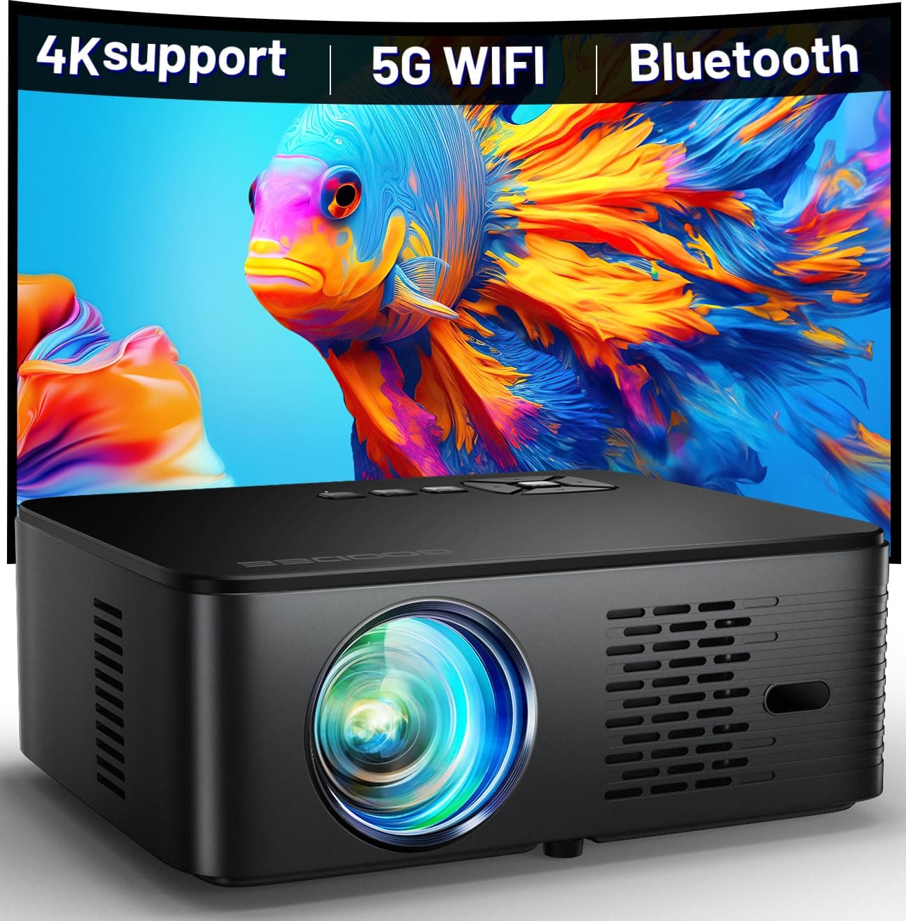 GooDee Projector 4K Support, Outdoor Projector with Wifi and Bluetooth, Android TV Projector 1080p with Auto Focus & Full-Sealed Optical Engine for Movie, Netflix/Prime Video Built-in, 8000+ Apps