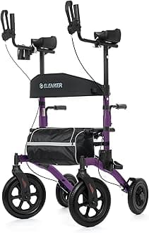 ELENKER All-Terrain Upright Rollator Walker, Stand up Rolling Walker with Seat, 12” Non-Pneumatic Wheels, Compact Folding Design for Seniors, Purple