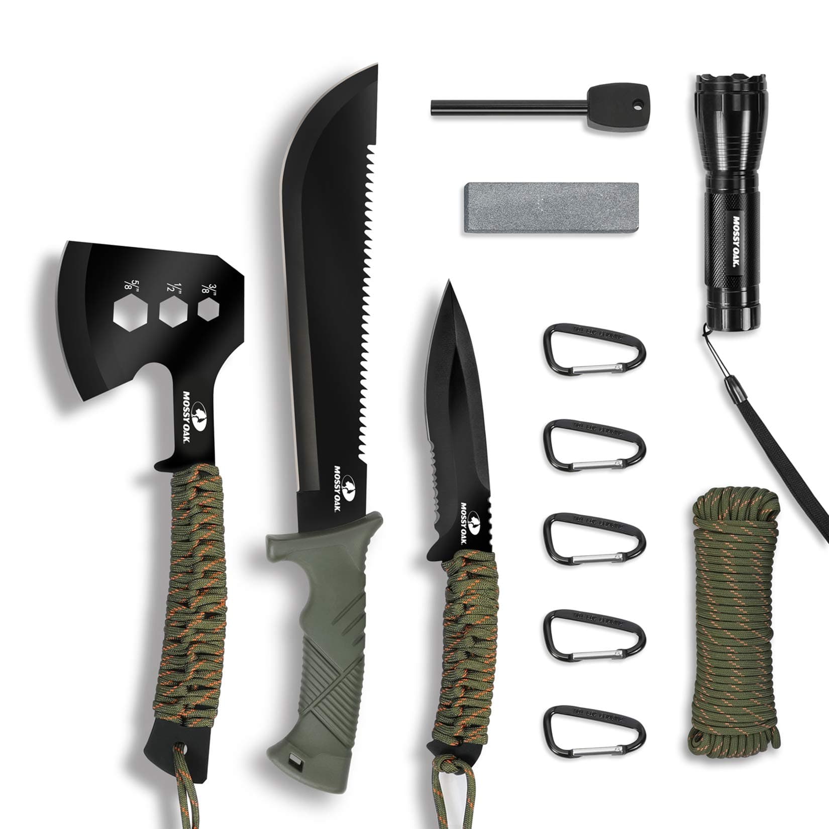 Axe and Fixed Blade Knife with Sheath, One-Piece Hatchet and Hunting Knife with Rope Handle, Includes Zoomable Flashlight and Many Other Tools, 15 Pieces Camping Set