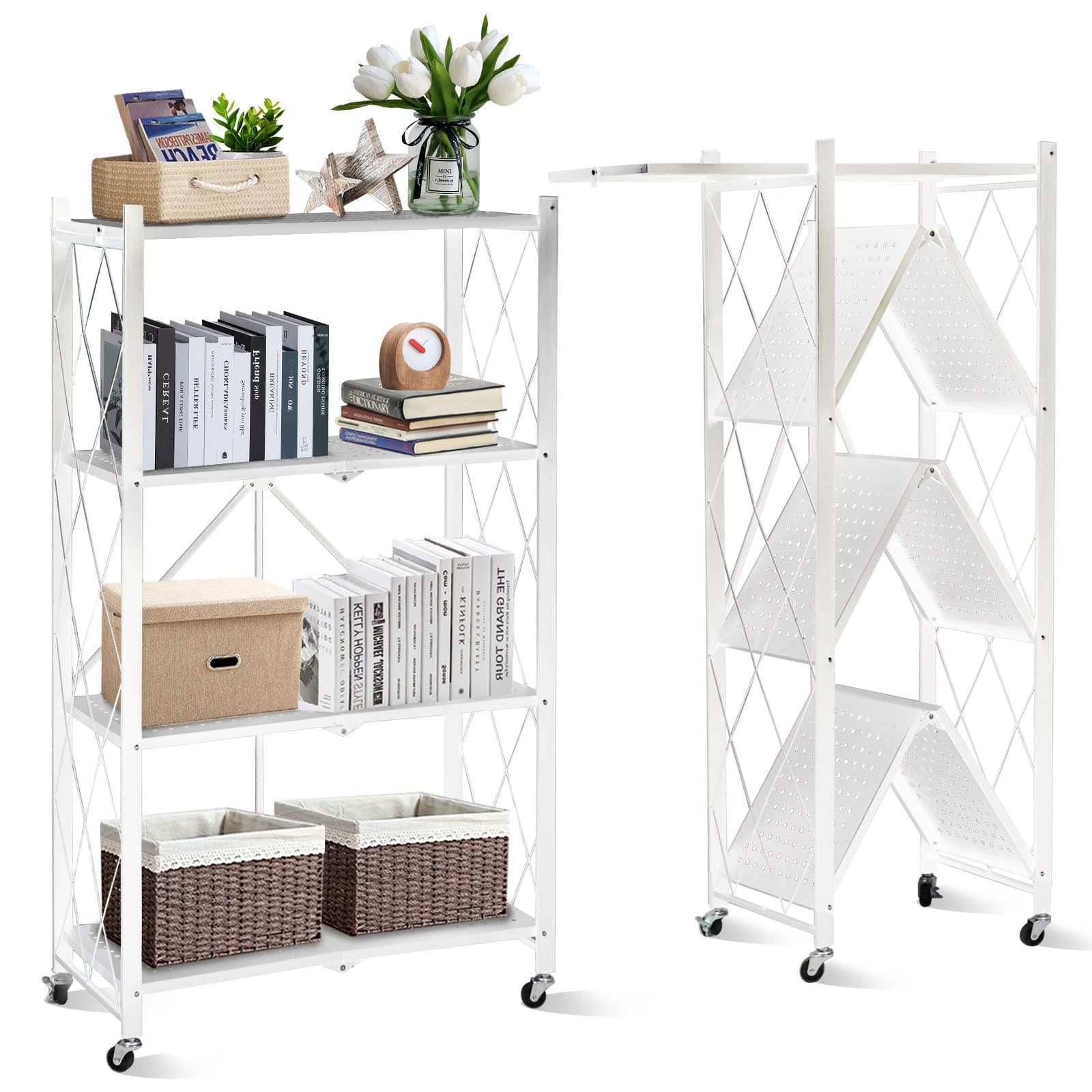 SKY-TOUCH Foldable Storage Organizer 4 Tier, Storage Shelves Kitchen Cabinet Storage Rack, Shelf Storage Multipurpose Rack for Living Room Bedroom Kitchen Garage White