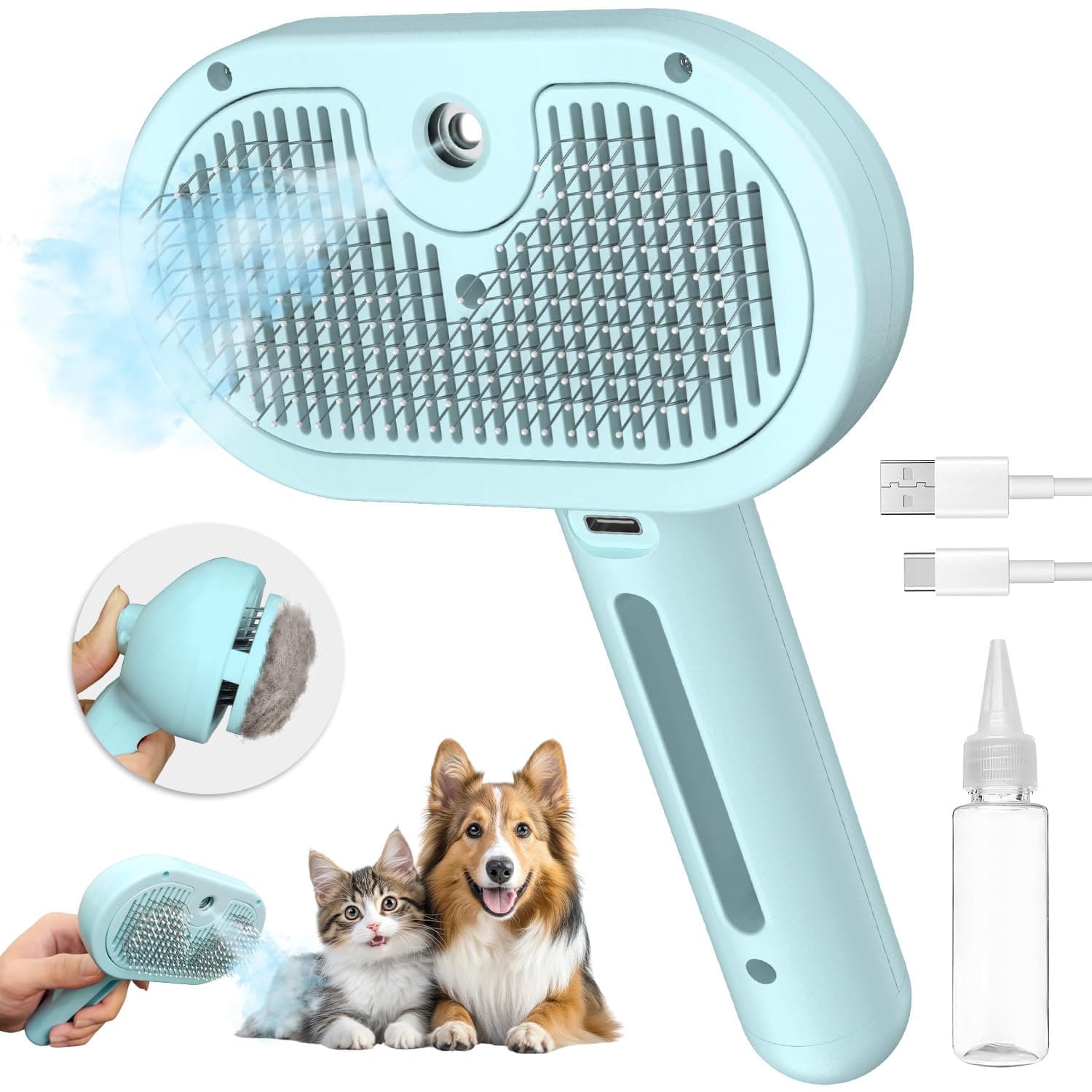 Spray Cat Brush for Shedding, 3 in 1 Self Cleaning Dog Brush Remove Static Flying Hair for Long and Short Hair Dogs and Cats to Remove Tangled and Loose Hair (Blue)