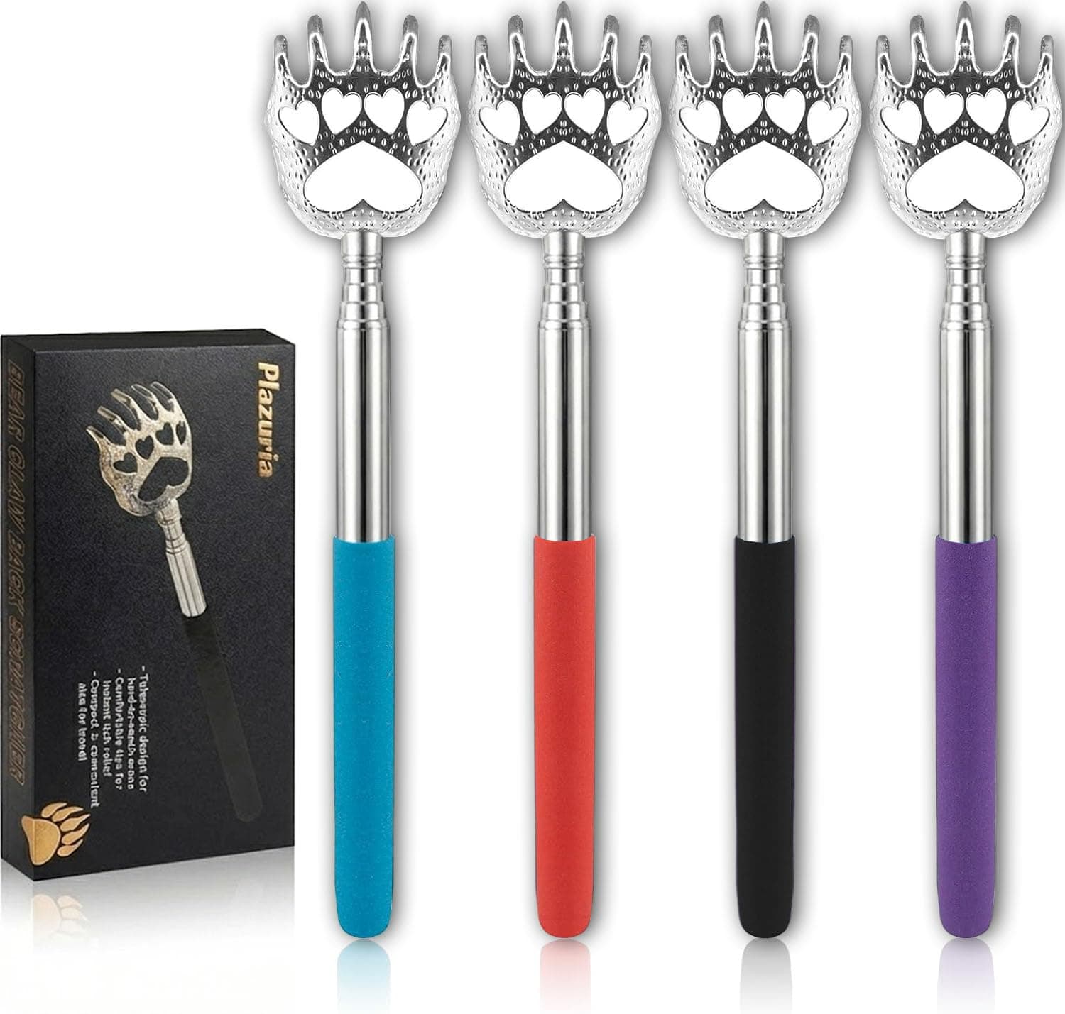 (4-Pack) Plazuria Portable Extendable Telescopic Bear Claws Metal Back Scratchers/Hand Massager/Backslap with Rubber Handles
