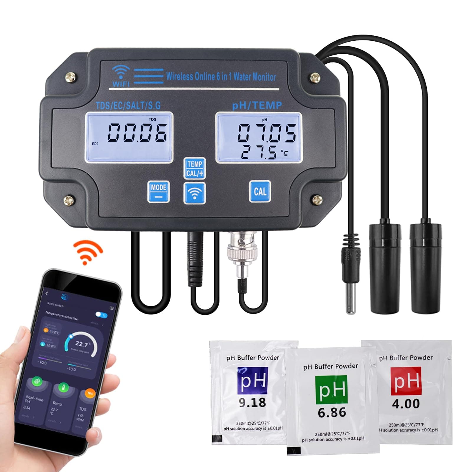 Water Quality Tester pH/EC/TDS/Salinity/SG/Temperature with Easy Calibration 24Hrs Online APP Monitoring for Fish Tank Aquariums Home Laboratory Smart Instrument