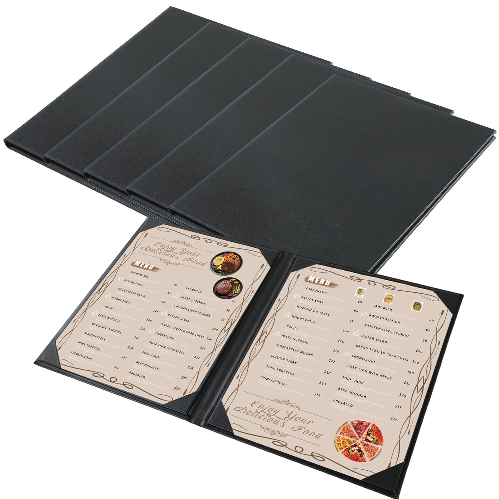 FLKQCRestaurant Menu Covers Holders 8.5" X 11" | Pack of 5 Synthetic Leather Double View Menu Holder Covers Book Style with Angled Corners Black for Wine List (5, 2 View (8.5" x 11"))