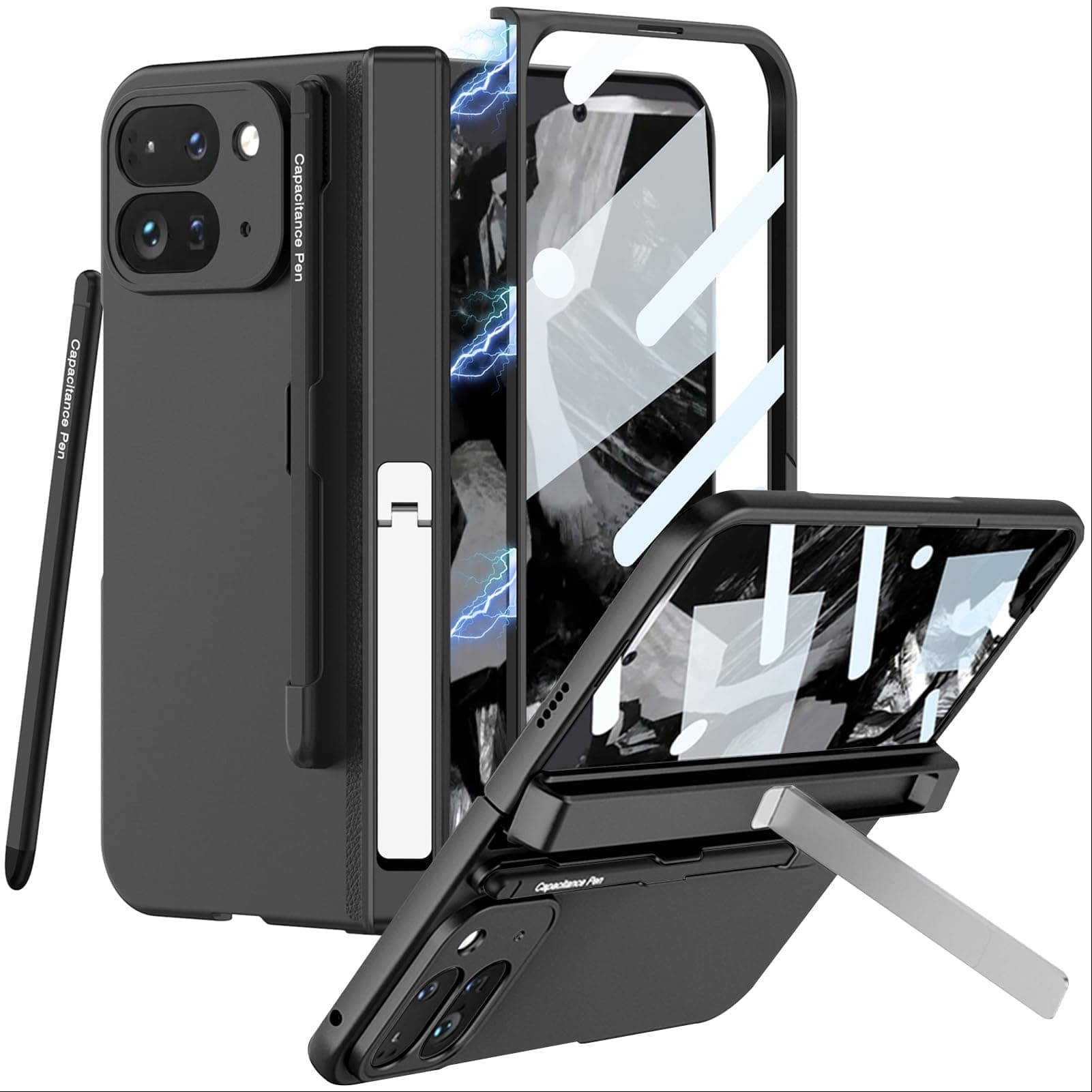 TERRIFI Case for Google Pixel 9 Pro Fold with Stylus Pen Holder and Kickstand, Screen Protector Case for Pixel Fold 9 Pro, Durable 5G Phone Case (Black)