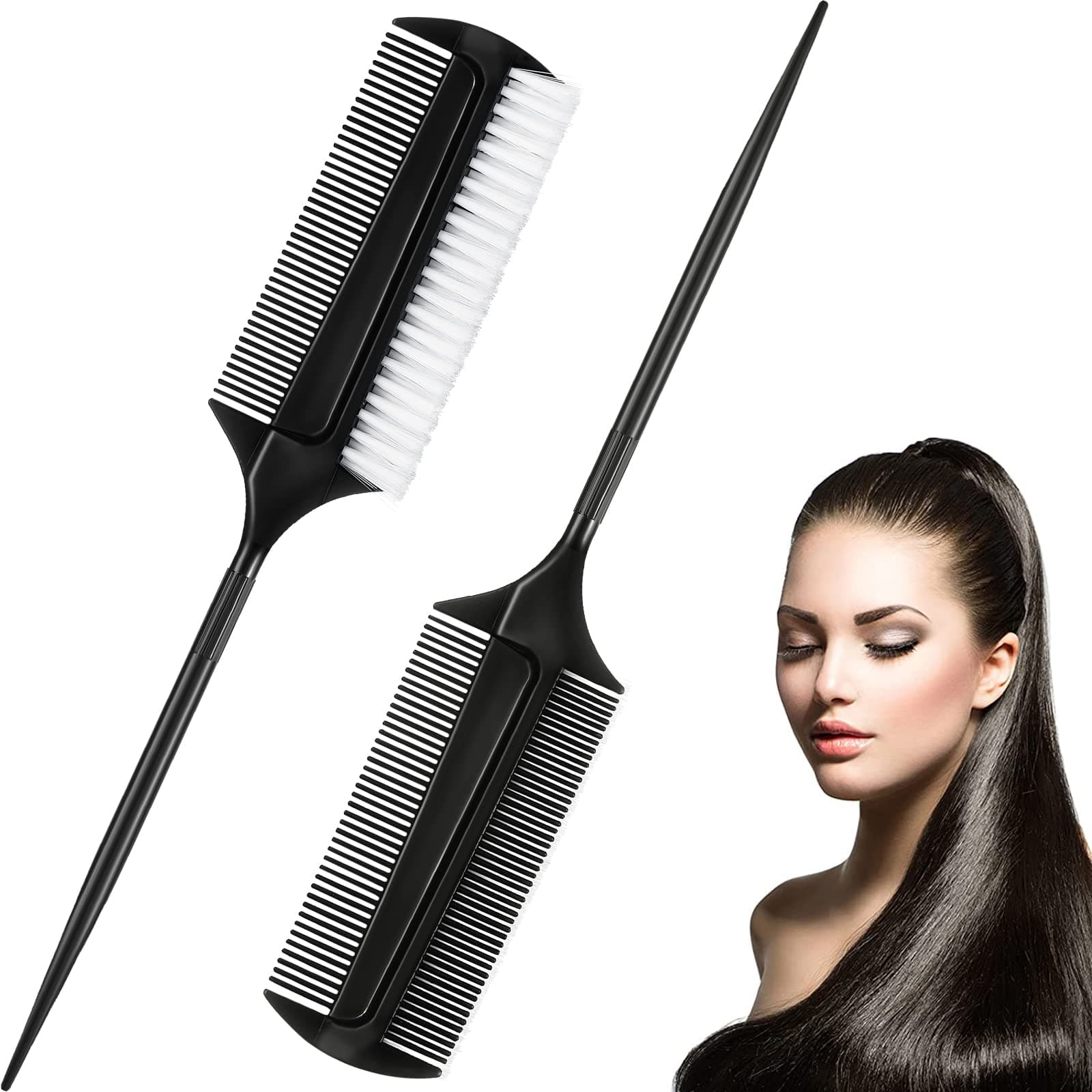 2 Pcs Black Smoothing and Sectioning Brush Set - Double-Sided Comb for Edge Teasing, Parting, and Ballroom Dancing Hairstyling