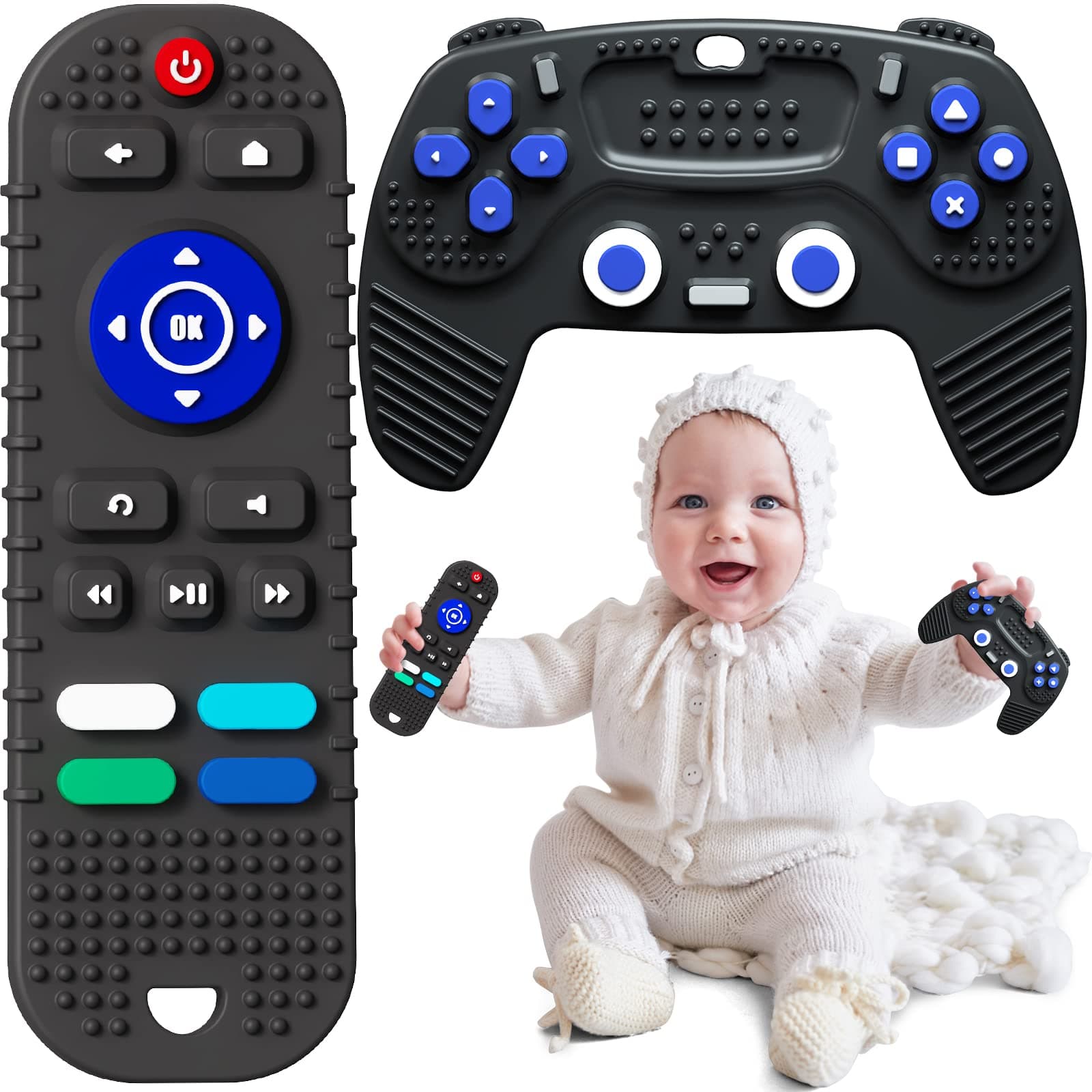 2 Pack Remote Control and Game Controller Teething Toys for Baby 3 Months and Up, Chew Toys for Boys and Girls Gifts (Black)