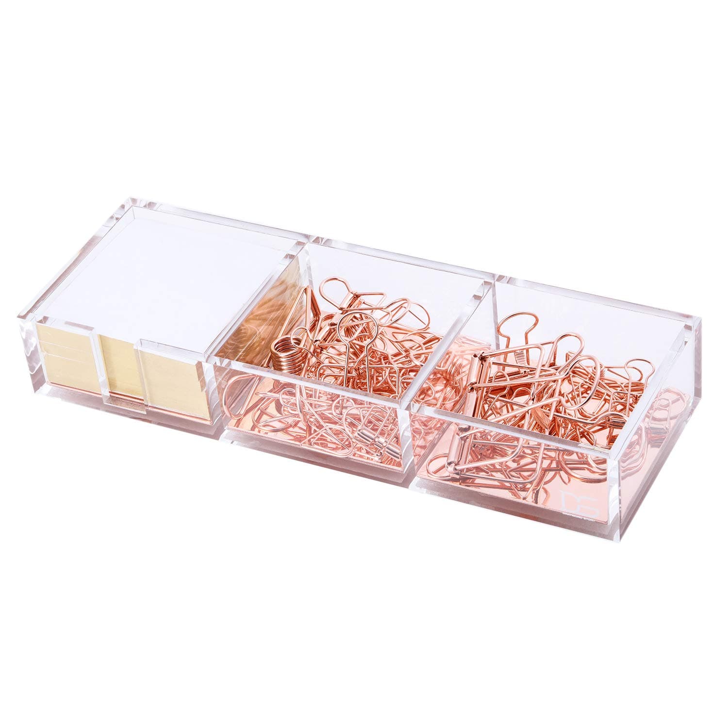 Rose Gold Notes Holder with Cube Memo Pad 320 Sheets, Acrylic 3 in 1 Drawer Organizer by Draymond Story - Desktop Stationery Series