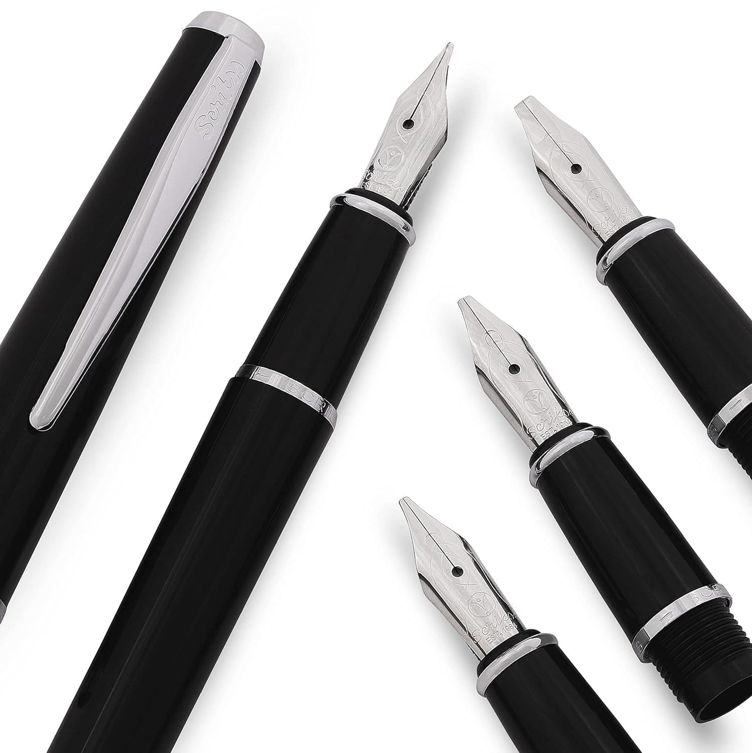 Black Calligraphy Pen Set With Medium 1.1mm 1.5mm 2.3mm Nib Chrome Trim Clip, Converter and 6 Black Ink Cartridges, Body & Cap Made Of Acrylic Carbon Fiber