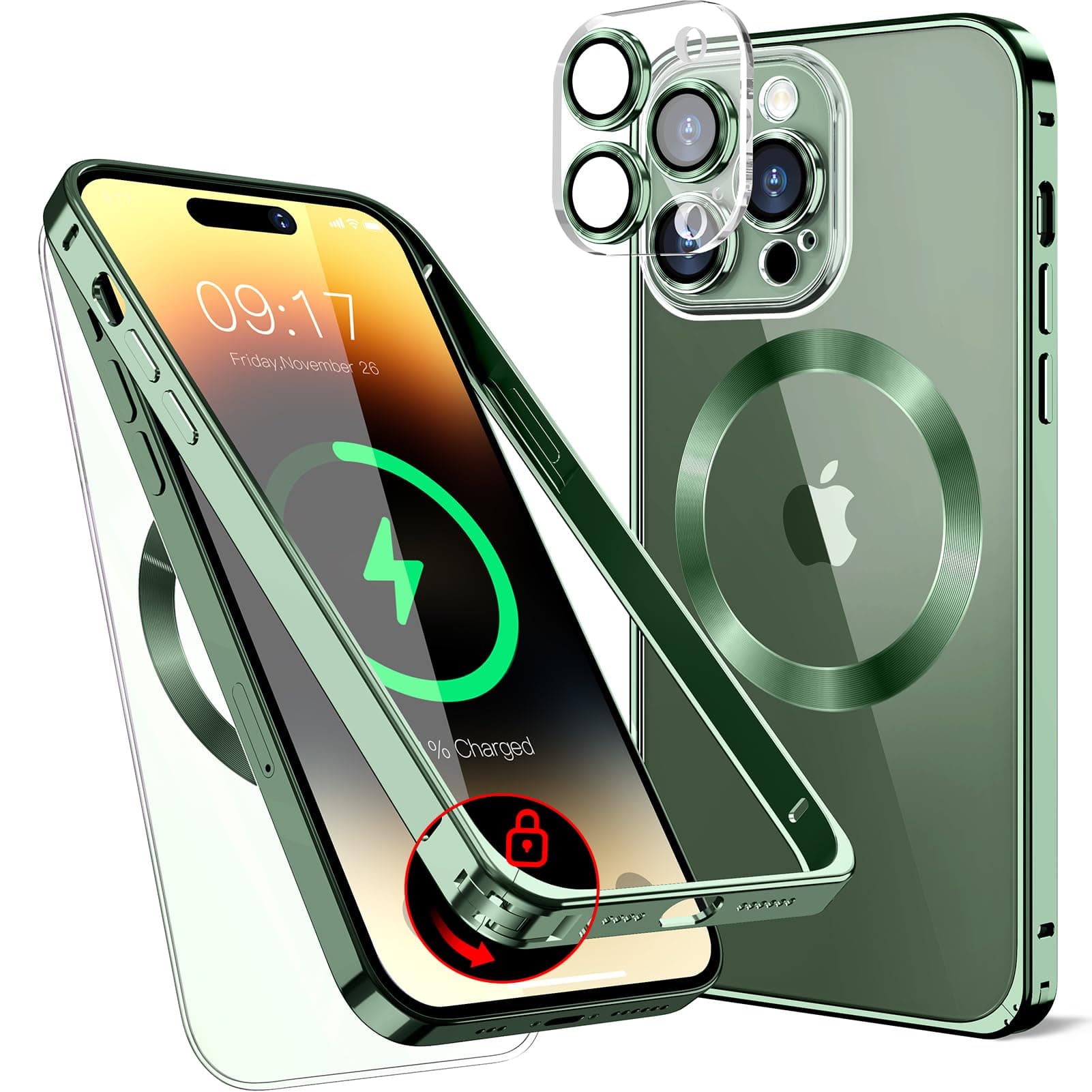 Metal Magnetic Clear Case for iPhone 13 Pro Max [CD Pattern for Magsafe Ring & Safety Lock] [Metal Frame Bumper] [Integrated Camera Lens Protector] Shock-Absorb Case, Clear Back Cover - Green