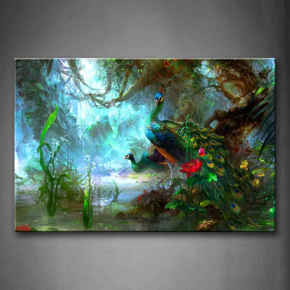 First Wall Art - Two Peacocks Walk in Forest Wall Art Painting Pictures Print On Canvas Animal The Picture for Home Modern Decoration