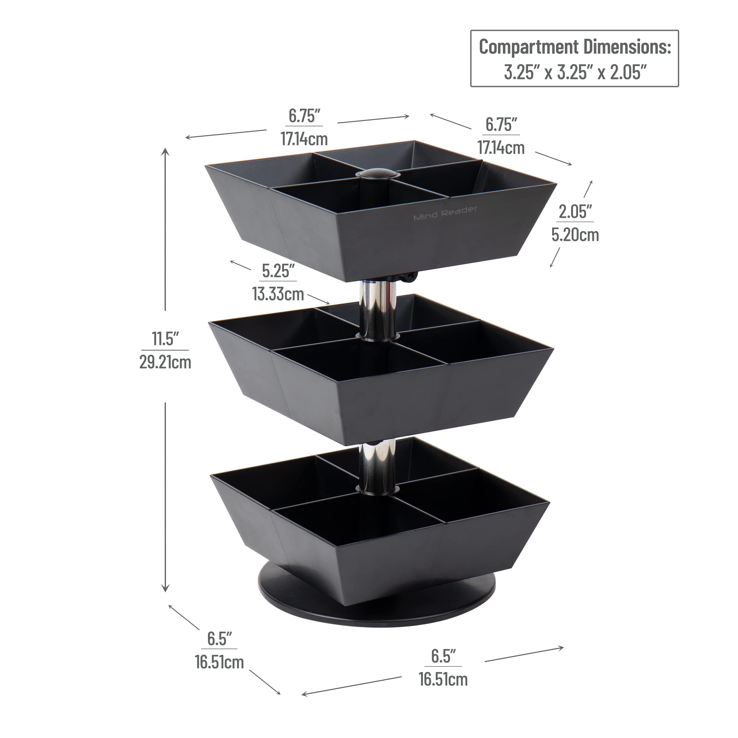 Mind Reader Anchor Collection, 3-Tier, 12-Compartment Tea and Condiment Carousel, Countertop Organizer, Breakroom, Black