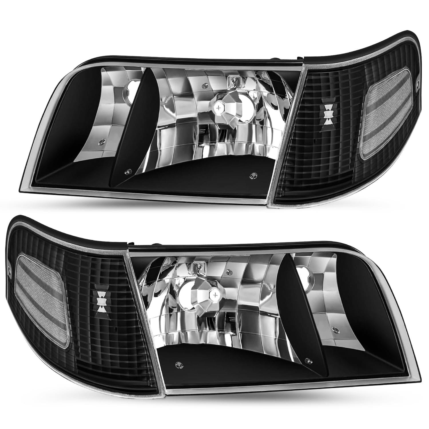 Headlight Assembly Replacement w/Corner Lights 4pcs for 98 to 11 Ford Crown Victoria Headlamp (Black Housing with Clear Reflector)