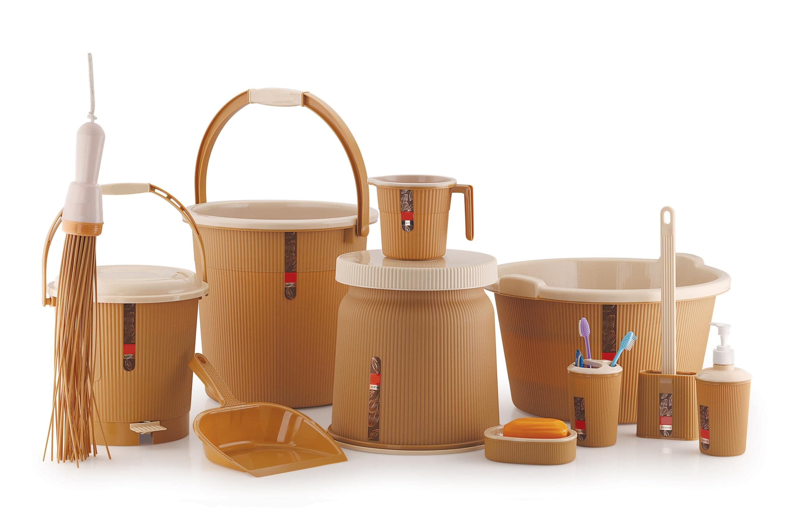 Nabhya Newton 11Piece Complete Plastic Bathroom Essential Set for Home, Kitchen & Bathroom Includes 20L Bucket, 18 L Tub, Big Stool, Dustbin, and More (Pack of 11) (Beige)