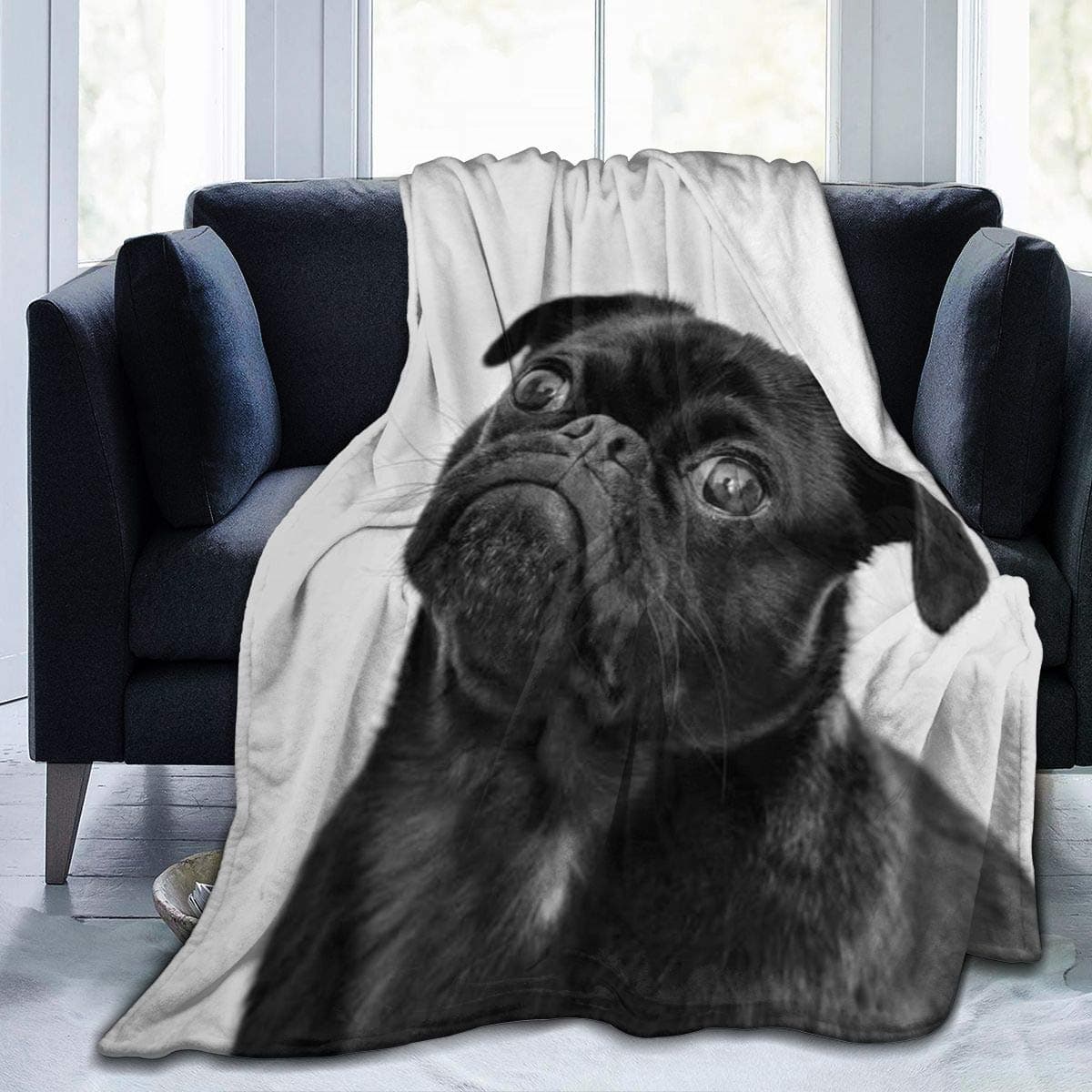 Cute Black Pug Dog Printed Blanket Throw Lightweight Soft Micro Fleece Throw Blankets Fit Couch Bed Living Room Sofa Chair 50"X40"