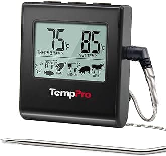 TempPro TP16 Large LCD Digital Meat Thermometer for Cooking, Smoking, Grilling, BBQ Food Temperature Indicator with Clock Timer and Stainless Steel Probe, Black(Previously ThermoPro)