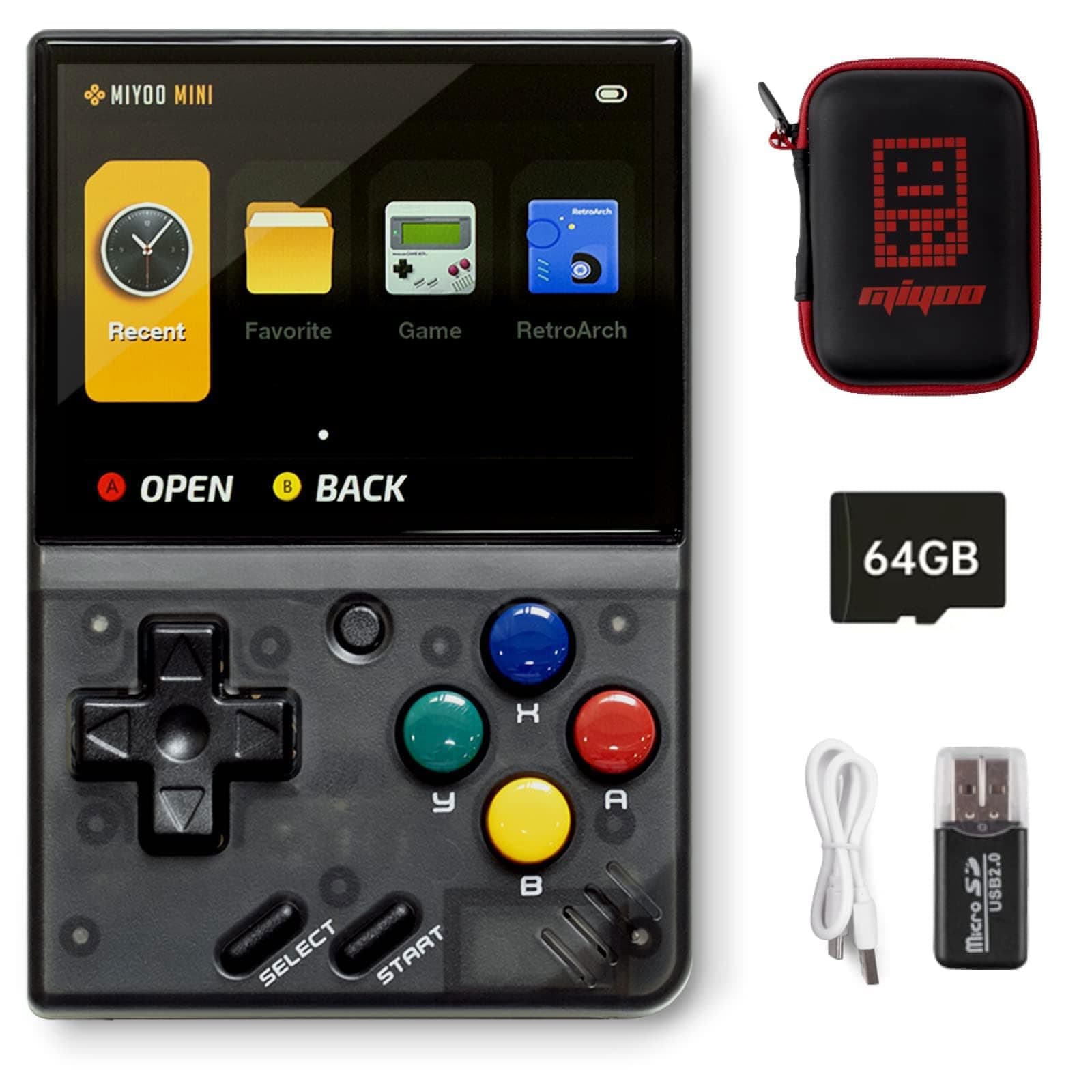 Miyoo Mini V4 Handheld Video Game Console, 2.8 inch IPS Screen Retro Video with 64GB Card & 6000+ Games, Built in Open Source System Portable Retro Game Console (Black, 64G)