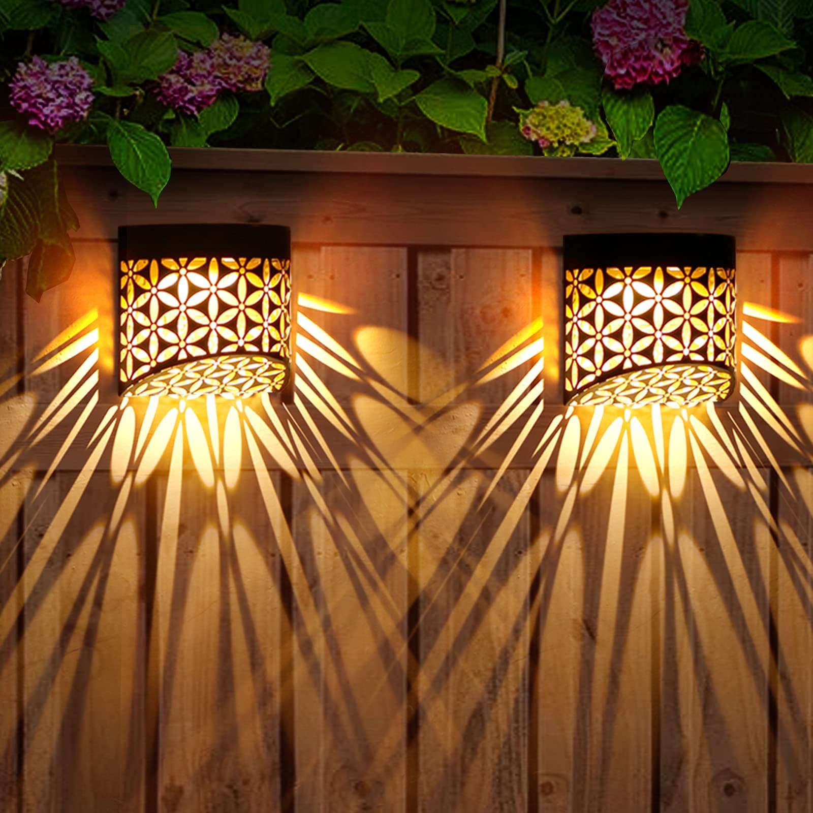 Solar Wall Lights Outdoor 2 Pack Solar LED Light Decorative Lamps Hollow Out Patterns of Petals, for Deck Step Fence Post Pathway and Garden Lighting, 2 Modes Warm White/Color Changing …
