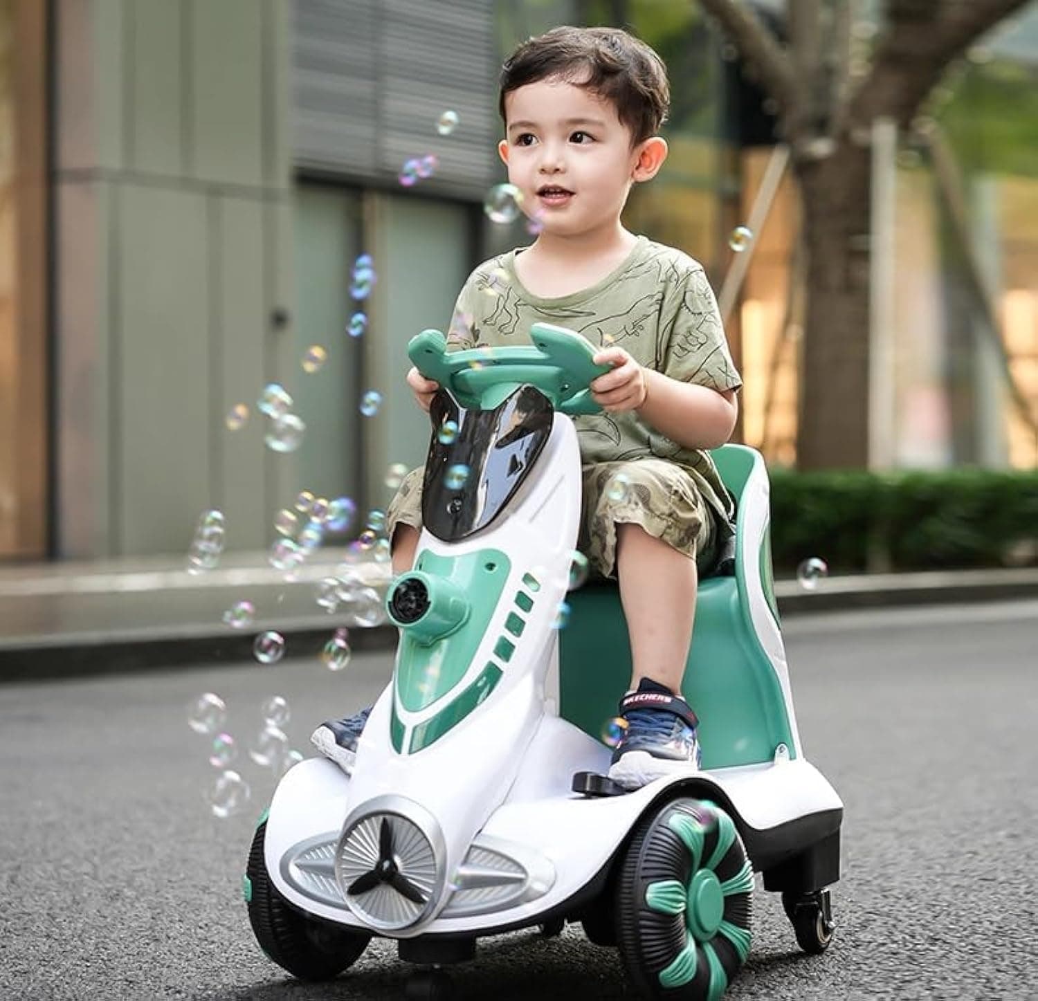 NTECH Electric Four-Wheel Kids Car | Bubble Function | 360 Degree Rotation | Cool LED Lights | Seat Belt | Safe & Comfortable | TM010